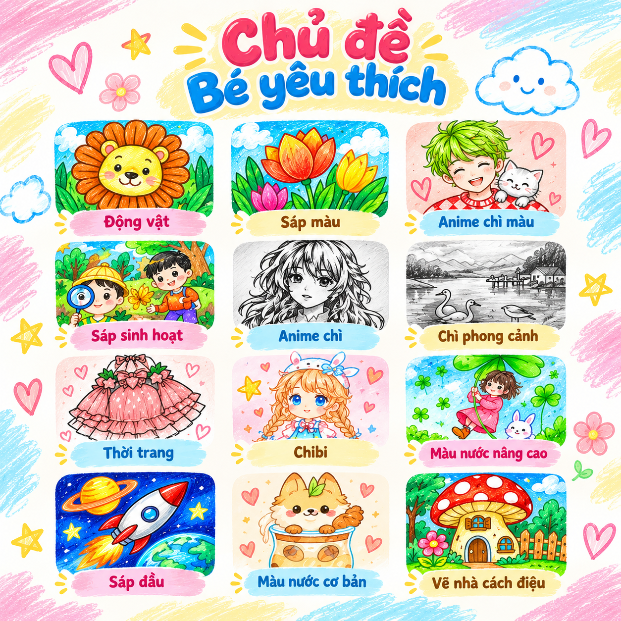 A colorful chart with various sections depicting themes for children, including animals, colorful flowers, anime characters, fashion, space, watercolors, scenery, and house designs, all with vibrant illustrations and labels in Vietnamese.