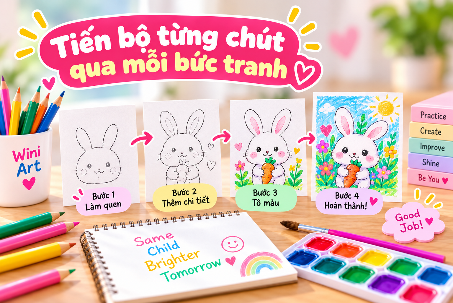 Step-by-step guide for coloring a bunny illustration, showing the progression from outline to full-color drawing, with art supplies and colorful notes in the background.