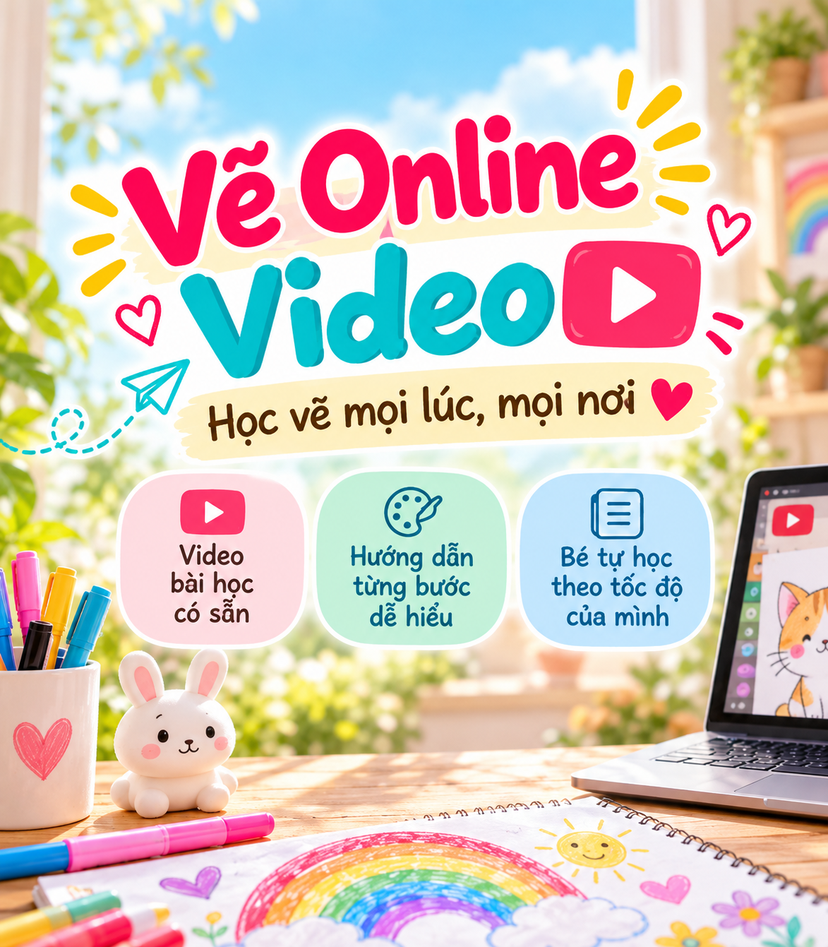 Promotional poster for online video learning for children, featuring colorful text, a smiling bunny figurine, a cup of colorful markers, and a laptop displaying a cartoon cat, with a rainbow drawing and bright background.