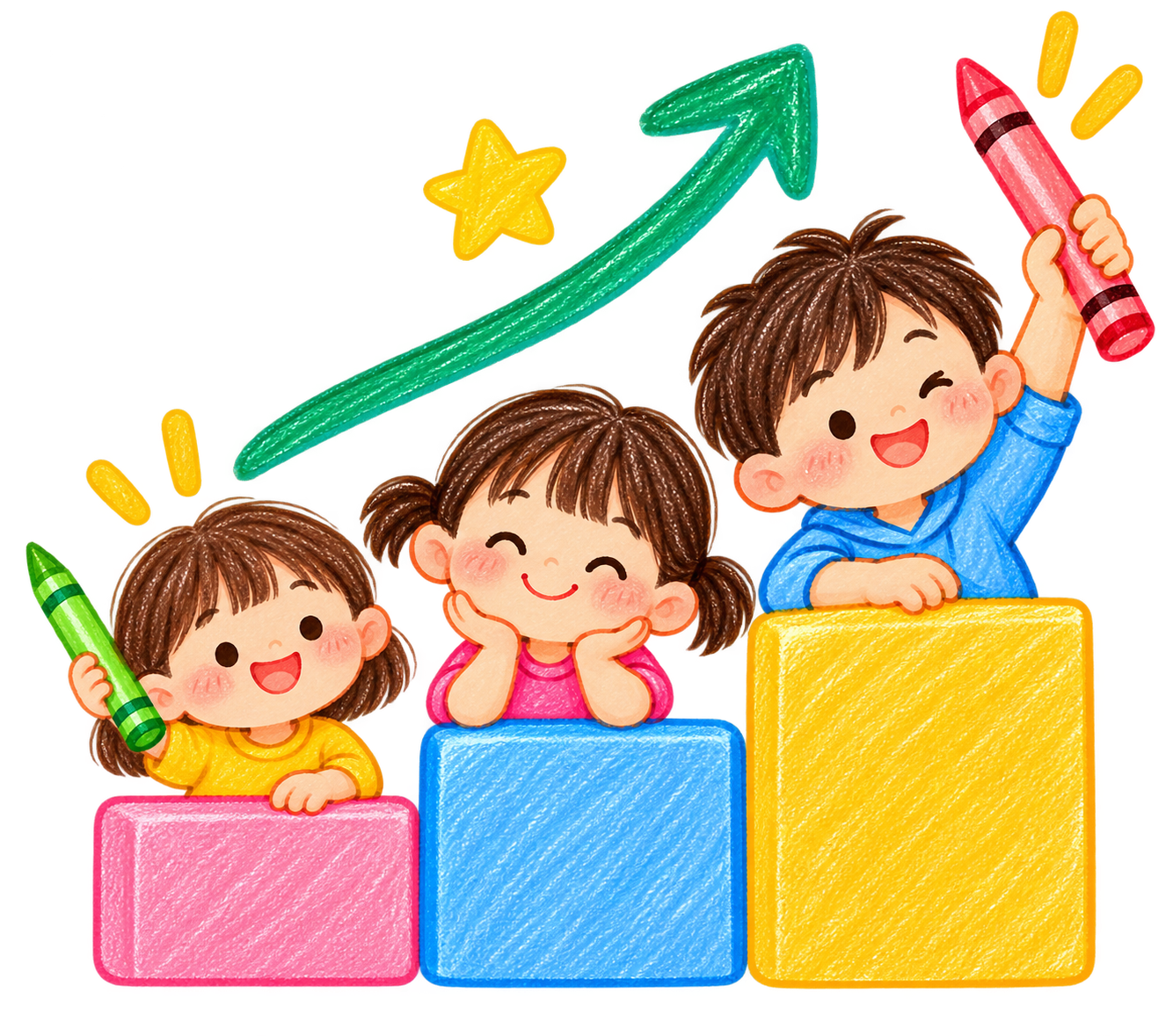Three cheerful children standing behind colored blocks of pink, blue, and yellow. The boy on the right holds a large pink crayon, and the girl on the left holds a green crayon. A green arrow and yellow stars above indicate growth or progress.