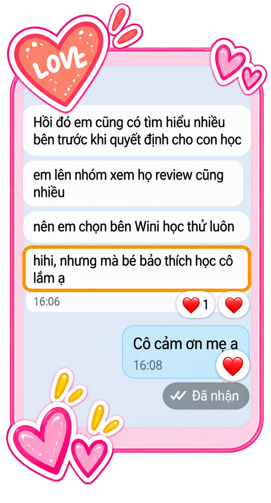 A colorful illustrated chat conversation in Vietnamese with heart and love-themed decorations, including hearts with the word "LOVE" and message bubbles, about a child's interest in learning and appreciation for their mother.