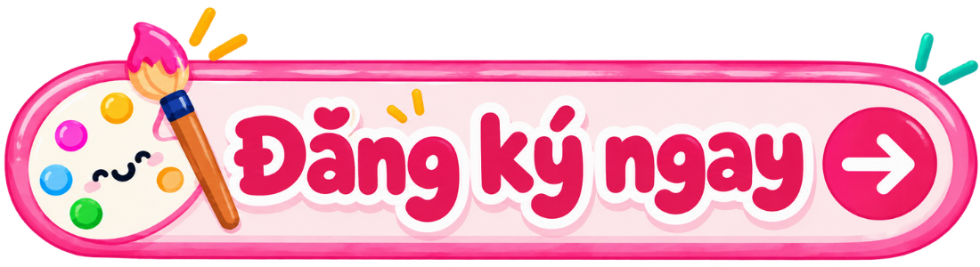 Colorful digital illustration of a paint palette with a smiling face, a paintbrush with pink paint, and a pink button with white text saying 'Đăng ký ngay' and a white arrow, all on a pink background.
