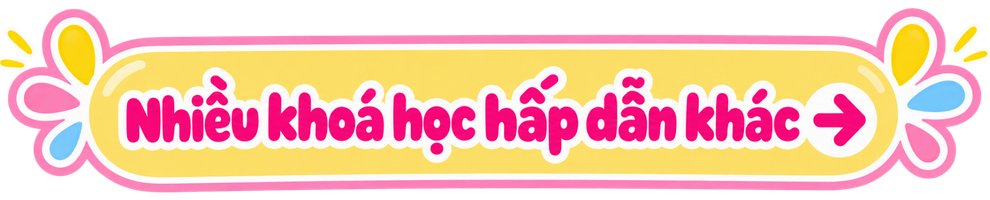Pink and yellow banner with Vietnamese text and arrow, decorated with colorful flower shapes.