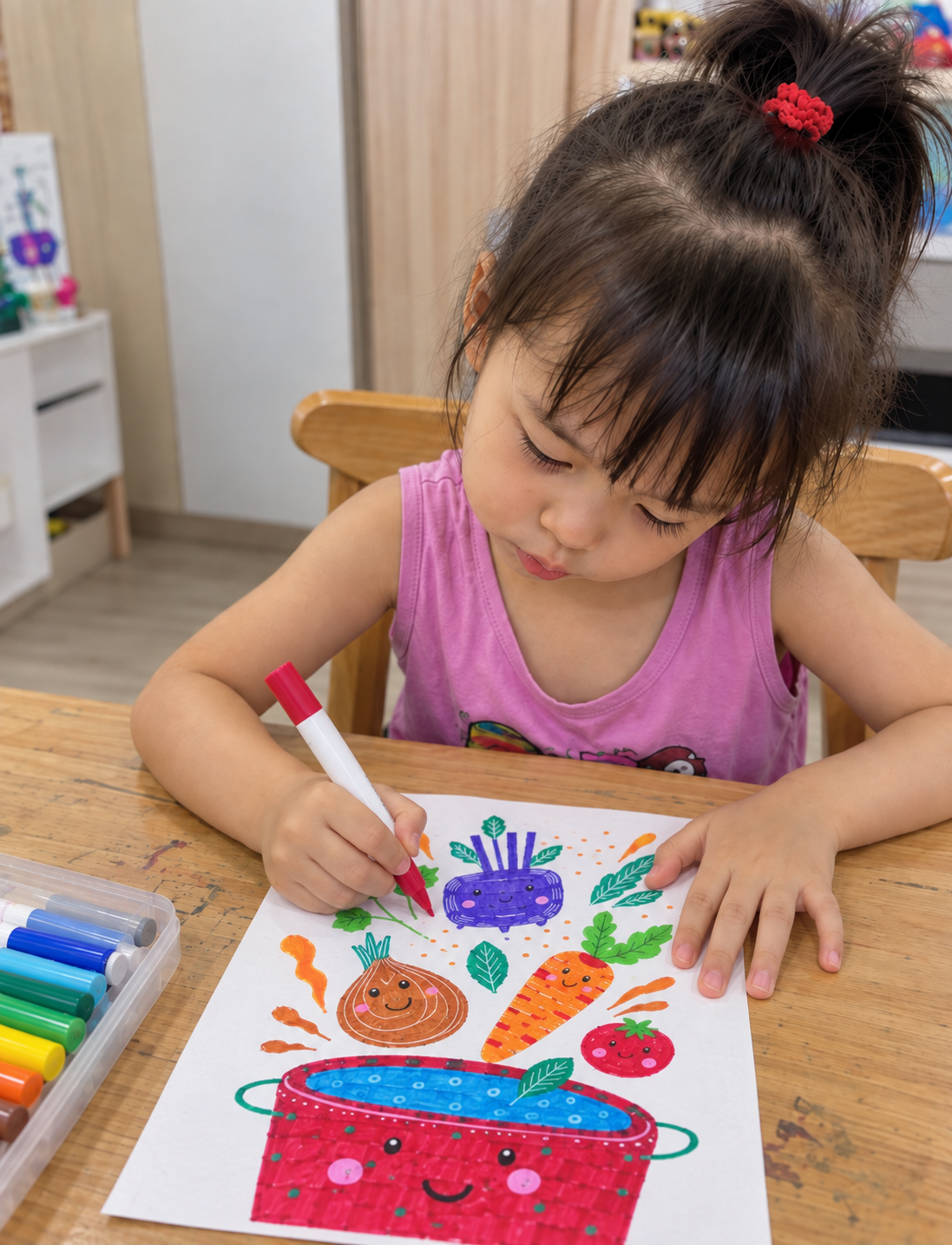 A young girl with dark hair and a red hair tie coloring a vibrant vegetable-themed picture with markers at a wooden table in a classroom.