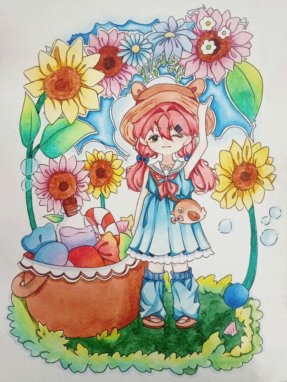 Colorful drawing of a girl with pink hair wearing a blue dress, large straw hat, and rain boots, holding an umbrella and a small pig, surrounded by large sunflowers and a basket filled with candy and a lollipop.