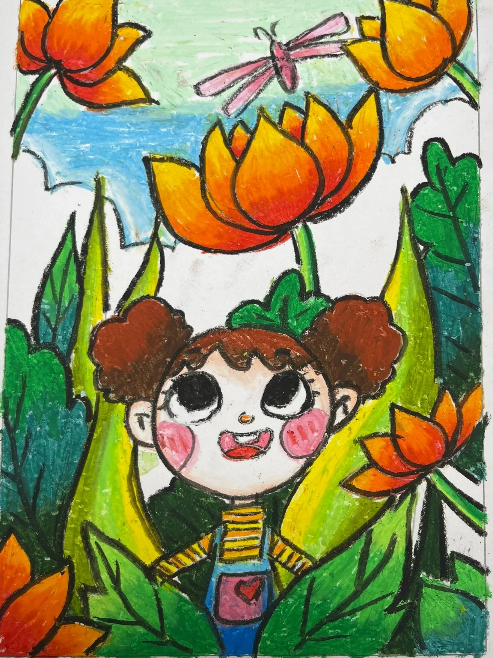 Colorful drawing of a girl with curly hair, wearing striped clothes, surrounded by large orange and red flowers, a pink dragonfly, and a blue cloudy sky background.