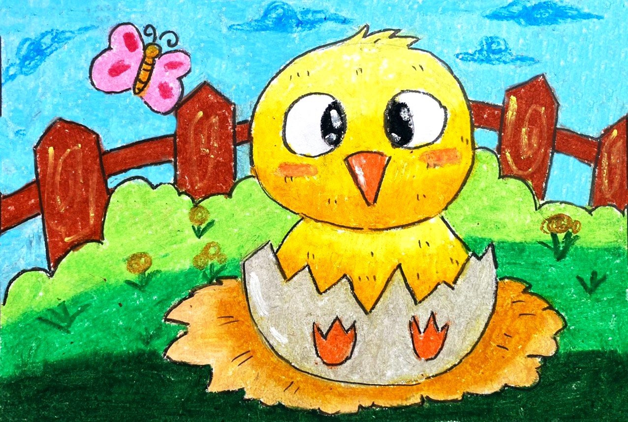 A colorful drawing of a baby chick hatching from an eggshell in a grassy area with yellow flowers. A pink butterfly is flying nearby, and there is a red wooden fence in the background under a blue sky.