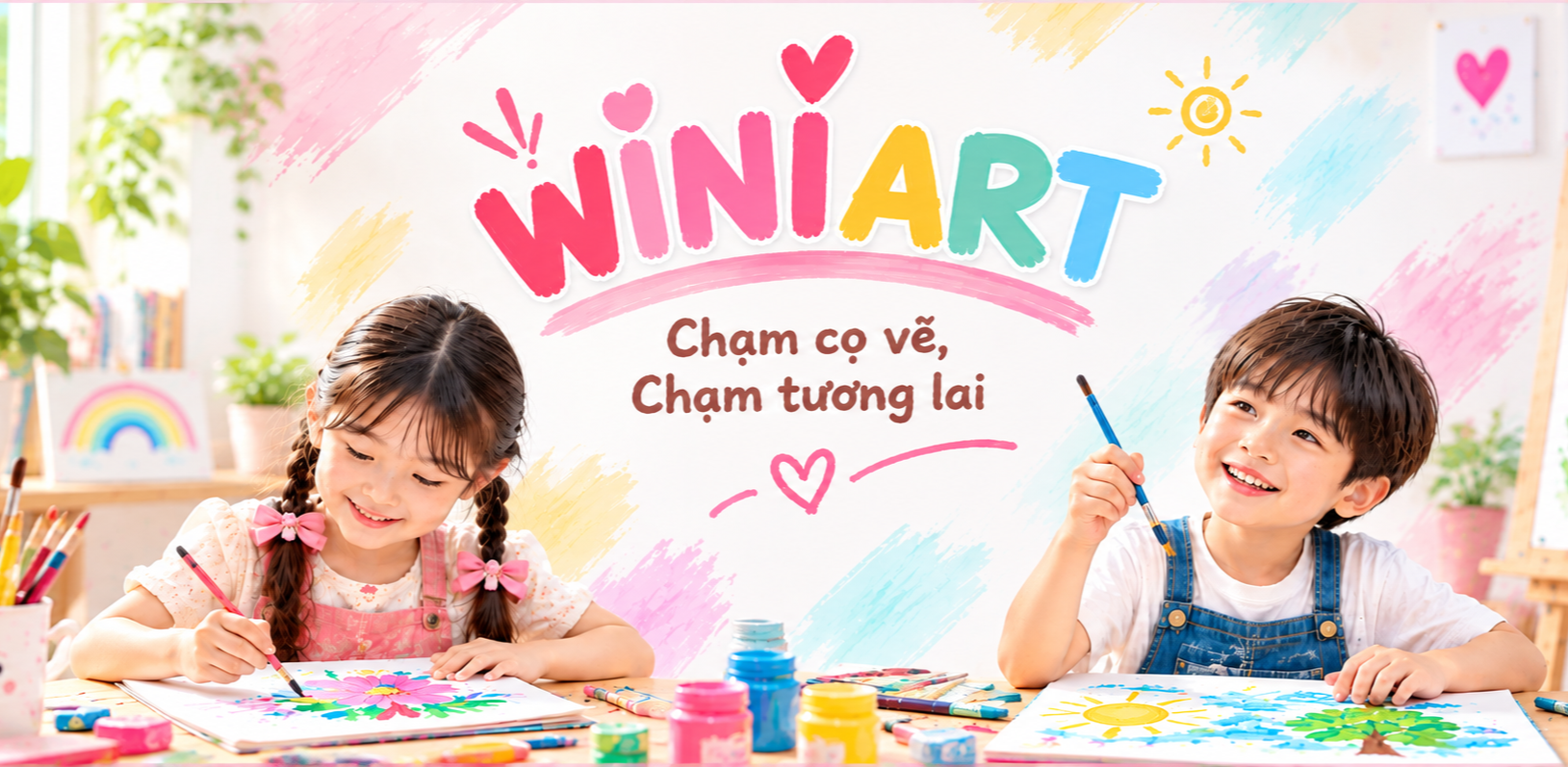Two children, a girl and a boy, are painting colorful pictures at a table with art supplies. The background features bright, cheerful decorations and artwork, with colorful painted strokes and a rainbow.