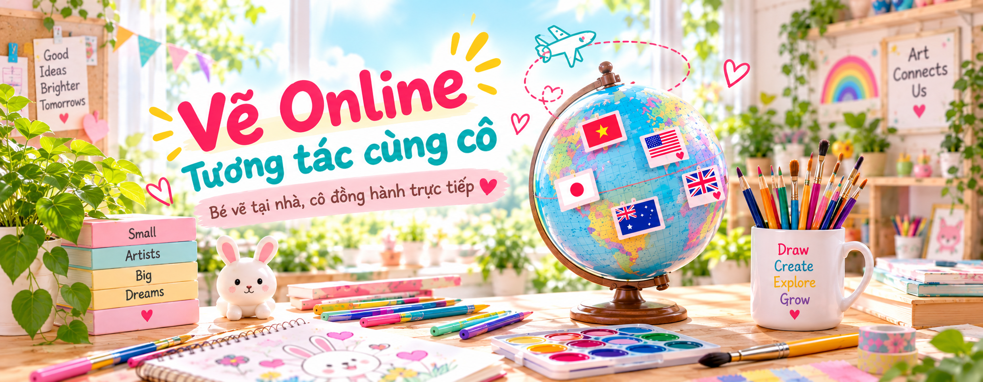 Colorful arts and crafts workspace with markers, watercolors, notebooks, and a globe decorated with flags of Japan, Vietnam, United States, Australia, and the United Kingdom, promoting online drawing classes for children.