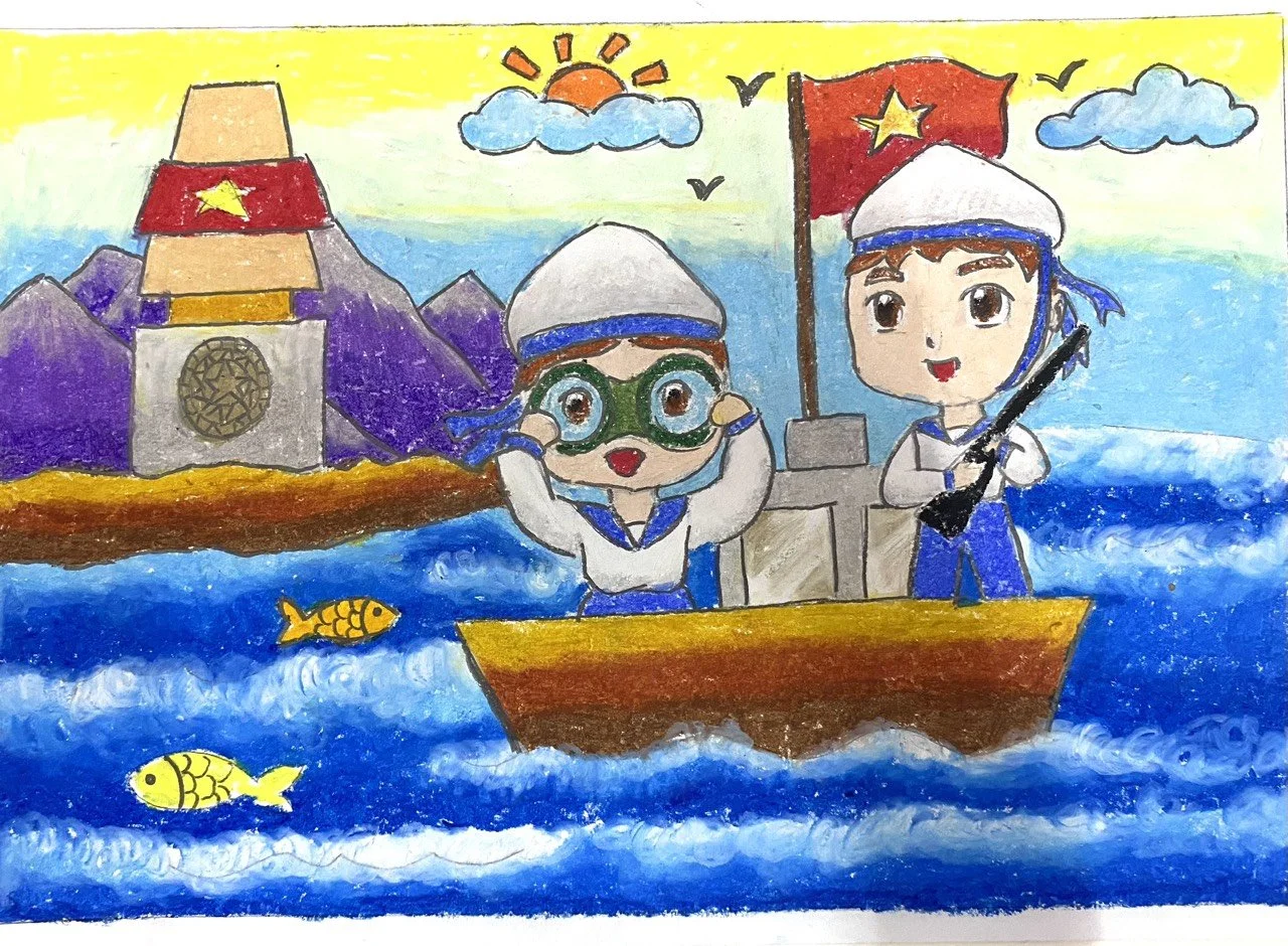 Children dressed as Vietnamese soldiers on a boat in the water, with a pagoda and mountains in the background, during sunrise or sunset. One child holds binoculars, and the other holds a rifle. There are fish in the water, and the scene includes Vietnam flags and a sunny sky with clouds and birds.