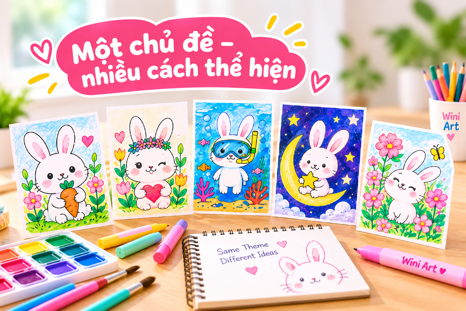Colorful drawings of cute rabbits in different scenes, featuring underwater, night sky, and garden themes. Art supplies including markers, watercolor paints, and a sketchbook with theme notes are on the table.
