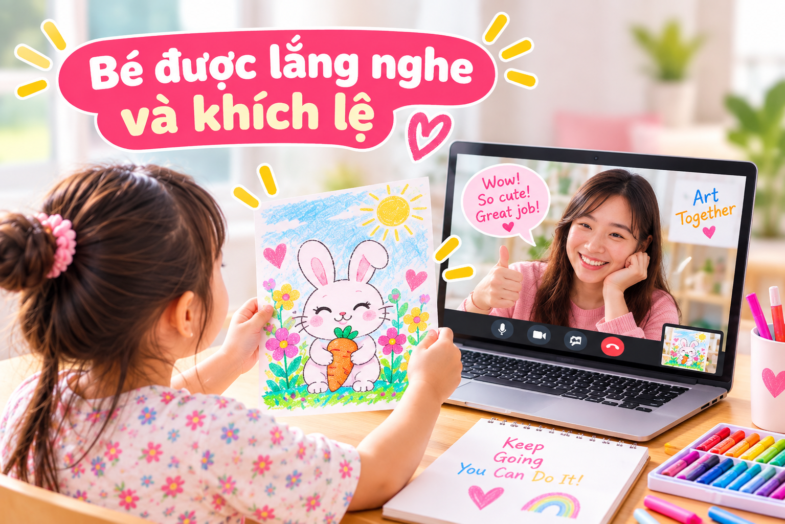 A girl holding up a colorful drawing of a happy bunny with flowers, while on a video call with another girl who is giving a thumbs-up and smiling. The screen has positive messages like "Wow! So cute! Great job!" and "Art together." There are drawing supplies, colorful markers, and a notebook with motivational words on the table.