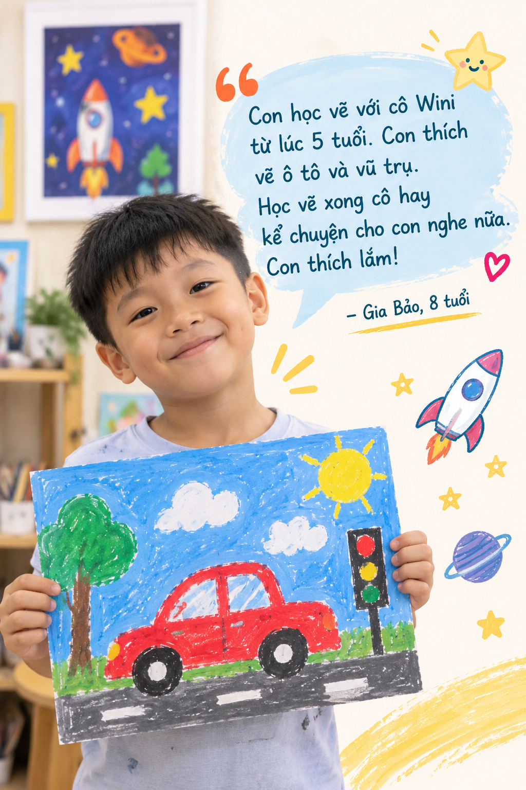 A young boy holding a colorful drawing of a red car, green tree, blue sky, white clouds, and a yellow sun, smiling in a room decorated with space-themed artwork.