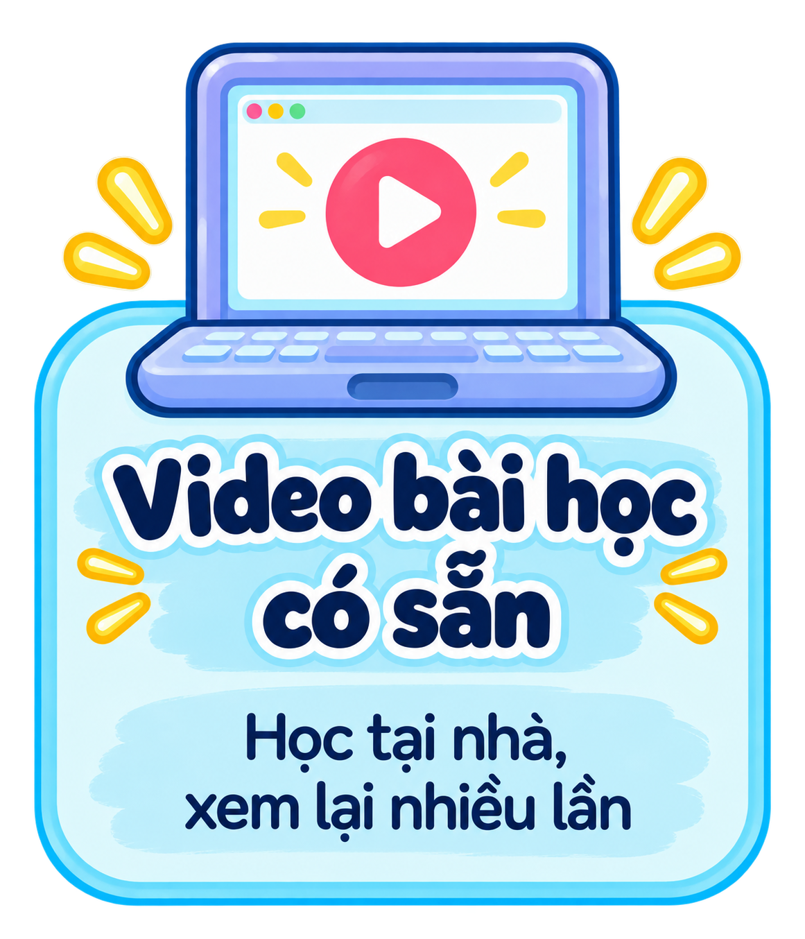 Illustrated promotional graphic for online learning videos with a laptop displaying a play button, and Vietnamese text promoting at-home learning and replay.