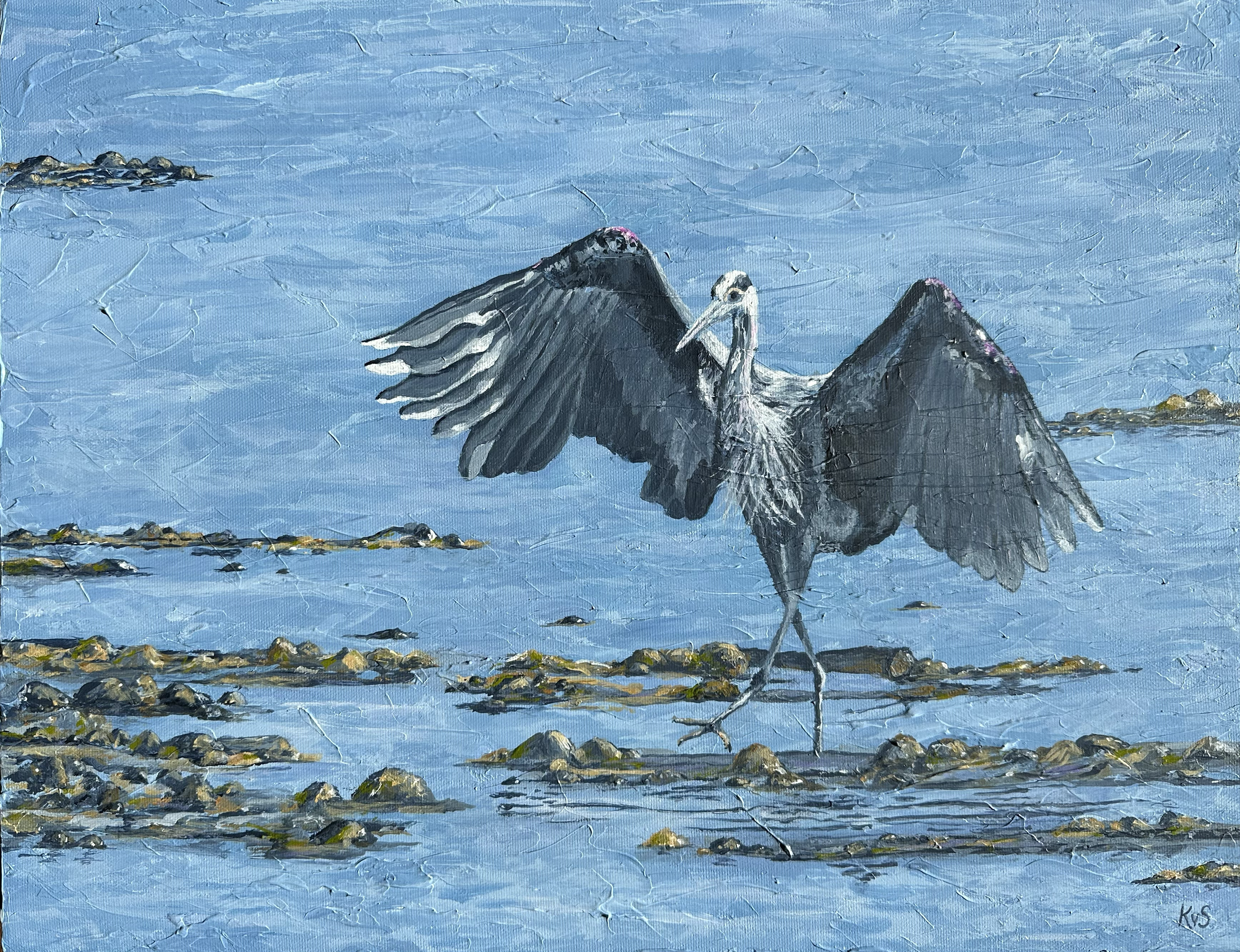 Heron Series#2 
  "Dancing" Acrylic/Mixed Media on Canvas
  14X18. SOLD