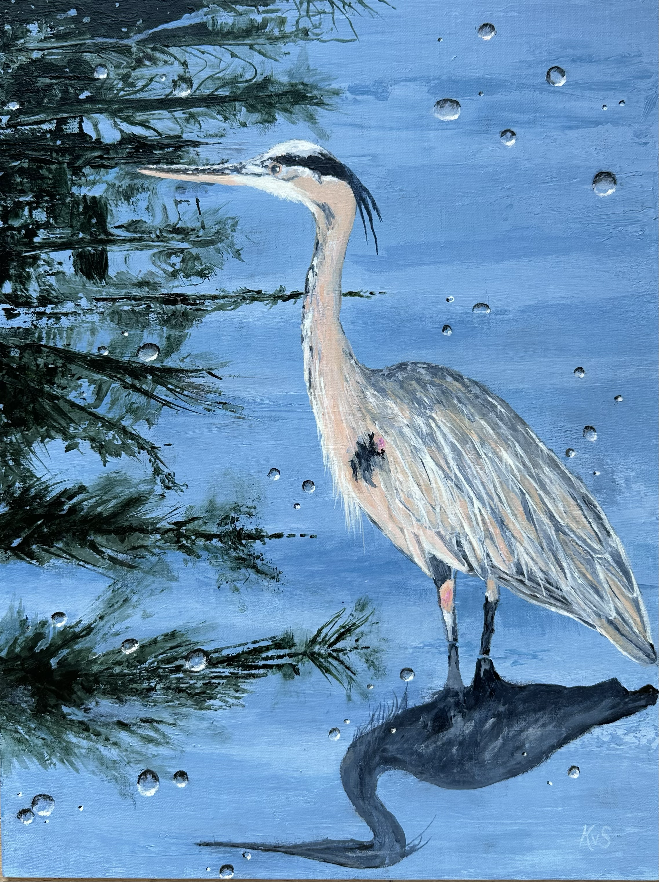 Heron Series 1
  "Stillness"  Acrylic/Mixed Media on Linen painting panel ( Framed )16X12  $425