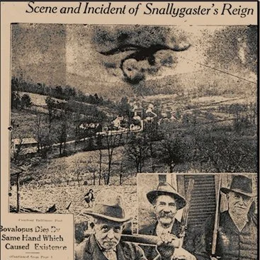 Vintage illustration titled "Scene and Incident of Snallygaster's Reign" depicting a rural landscape with a swirling dark stormy sky and three men in early 20th-century attire in the foreground.