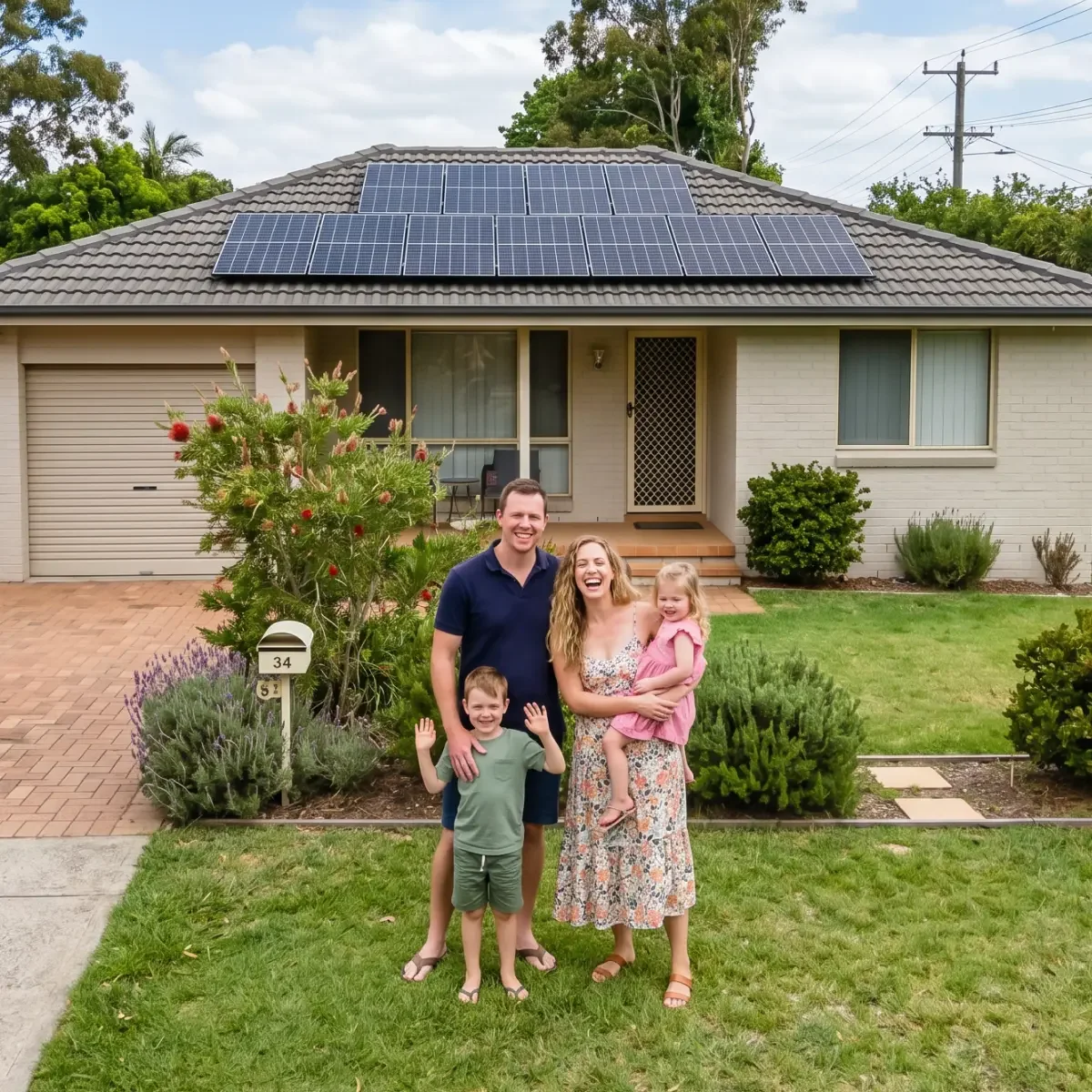A family of four standing in front of their house with solar panels on the roof, smiling and waving. The house has a white brick exterior, a lawn, and a garden with bushes and a cactus. The scene is sunny with a partly cloudy sky.