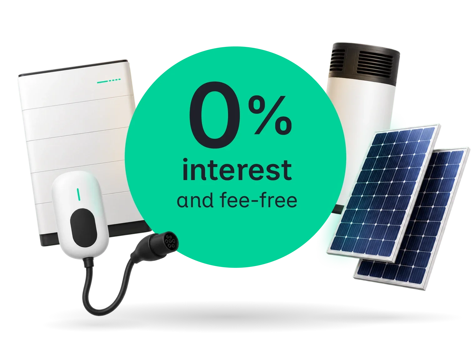 A promotional graphic showing solar panels, an electric meter, a power supply unit, a charger, and solar battery storage with a large circle in the center displaying '0% interest and fee-free'.