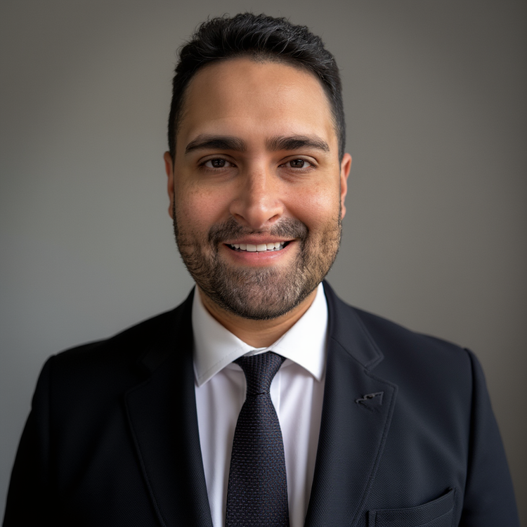 Smiling man with beard in front of a gray background