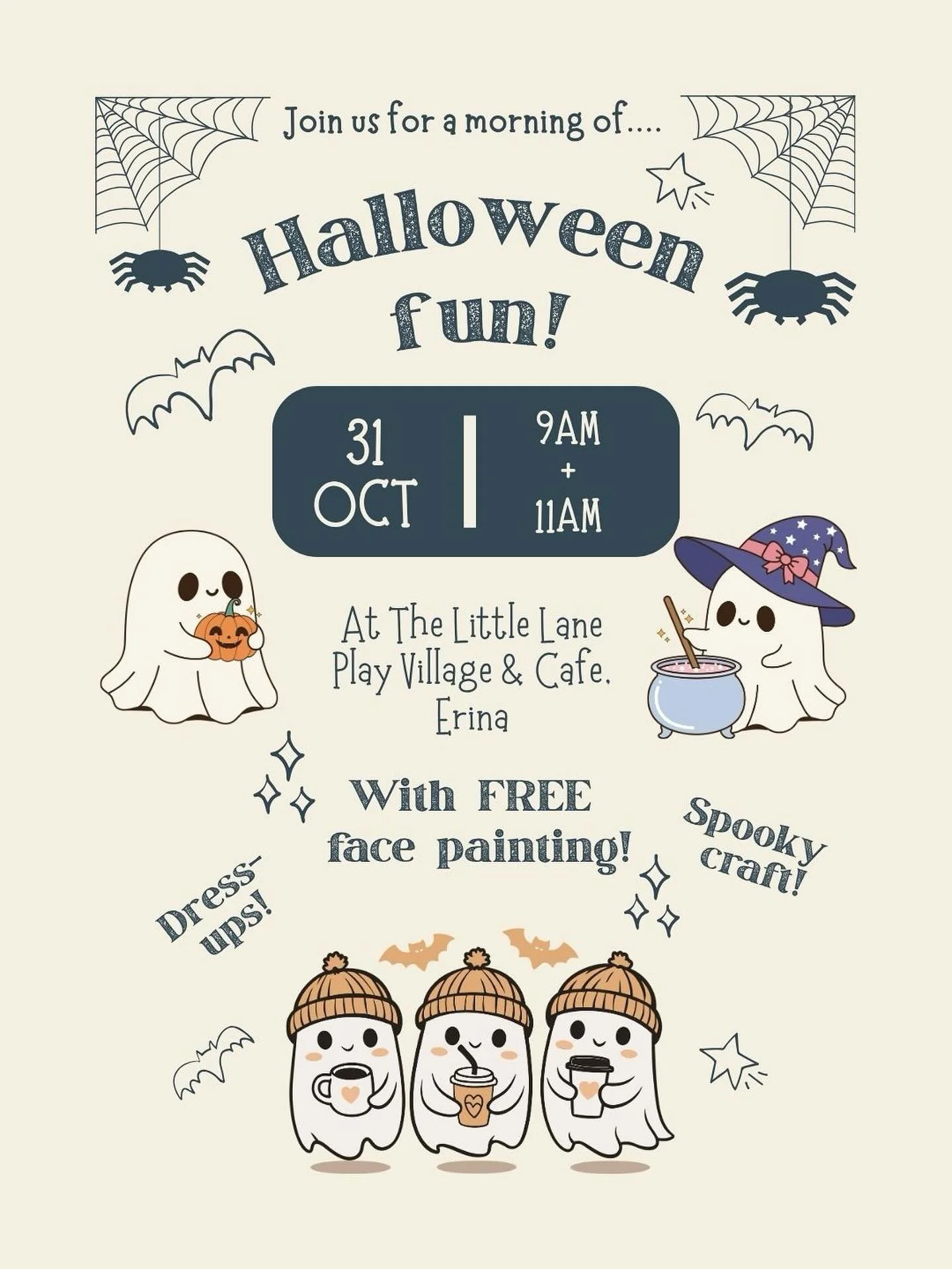 Join us for some spooktacular face painting and fang-tastically fun craft this Friday morning! 

All FREE with your play session booking! So come and get creative (and a little spooky!) in our imaginative play village. 

When: During our 9am and 11am
