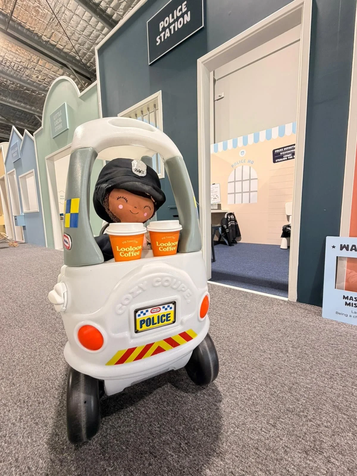 Monday mornings call for a proper coffee! + The Little Lane copper knows where it&rsquo;s at! 😄👮🏽🧋👌🏼Book in and enjoy your Looloos brew with brunch 😋 Because a play date at The Little Lane is designed to be lovely for little people AND their g