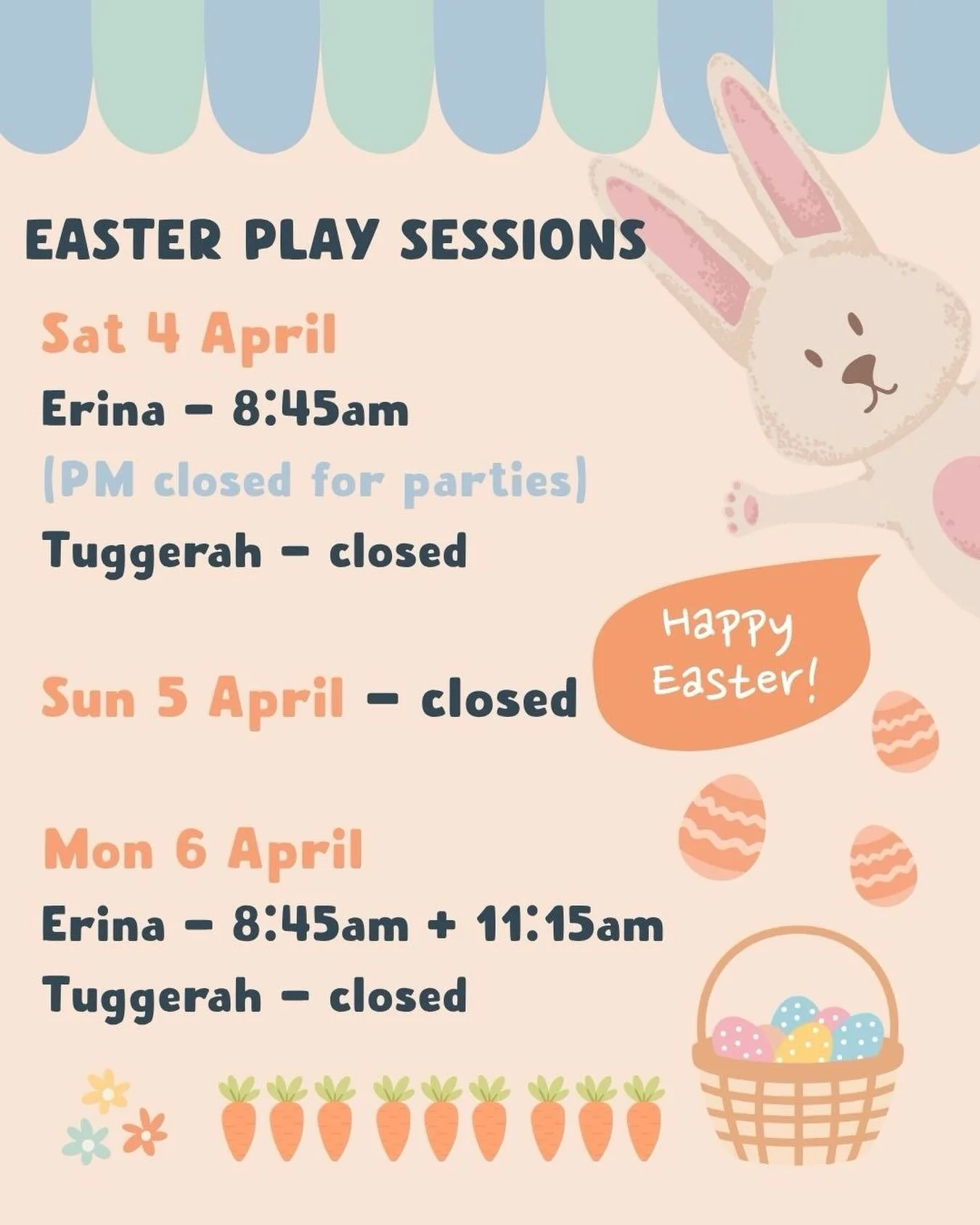 🌼🐰 Easter play sessions this weekend &amp; Monday 🐣✨

Here&rsquo;s what&rsquo;s happening at The Little Lane over the Easter period 🧡

Saturday 4 April 📍 Erina &ndash; 8:45am session (later sessions closed for parties) 📍 Tuggerah &ndash; Closed