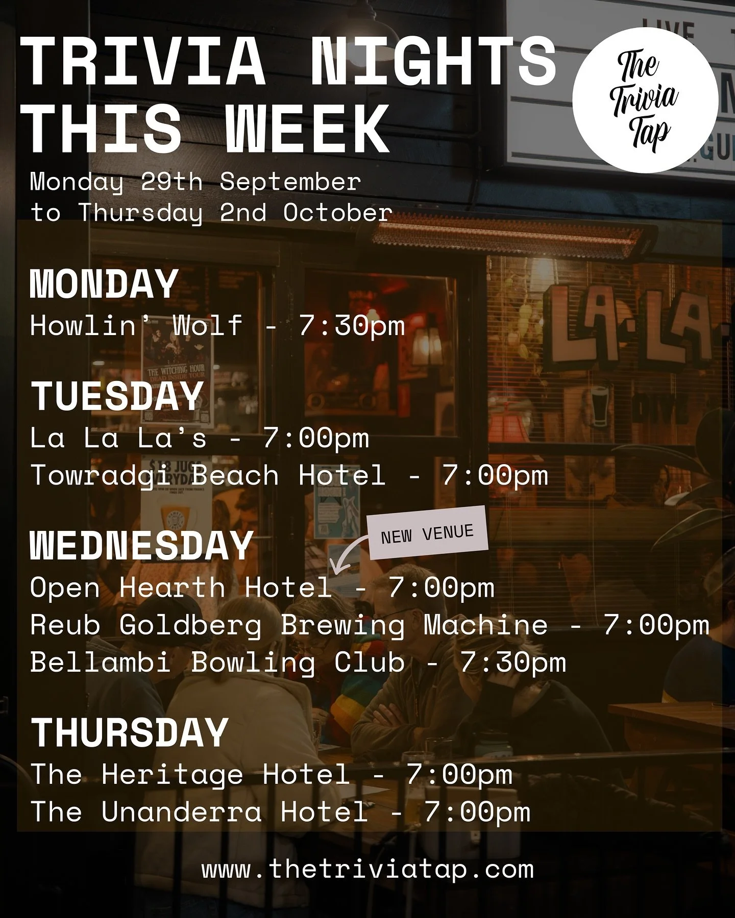 Here&rsquo;s what&rsquo;s on tap this week &mdash; drop it in the group chat, get your mates together and Drink. Think. Win. 🍻🧠🏆

MONDAY
@howlinwolfbar 7:30pm

TUESDAY
@lalalaswollongong 7:00pm
@towradgibeachhotel 7:00pm

WEDNESDAY
@rgbm.beer 7:00