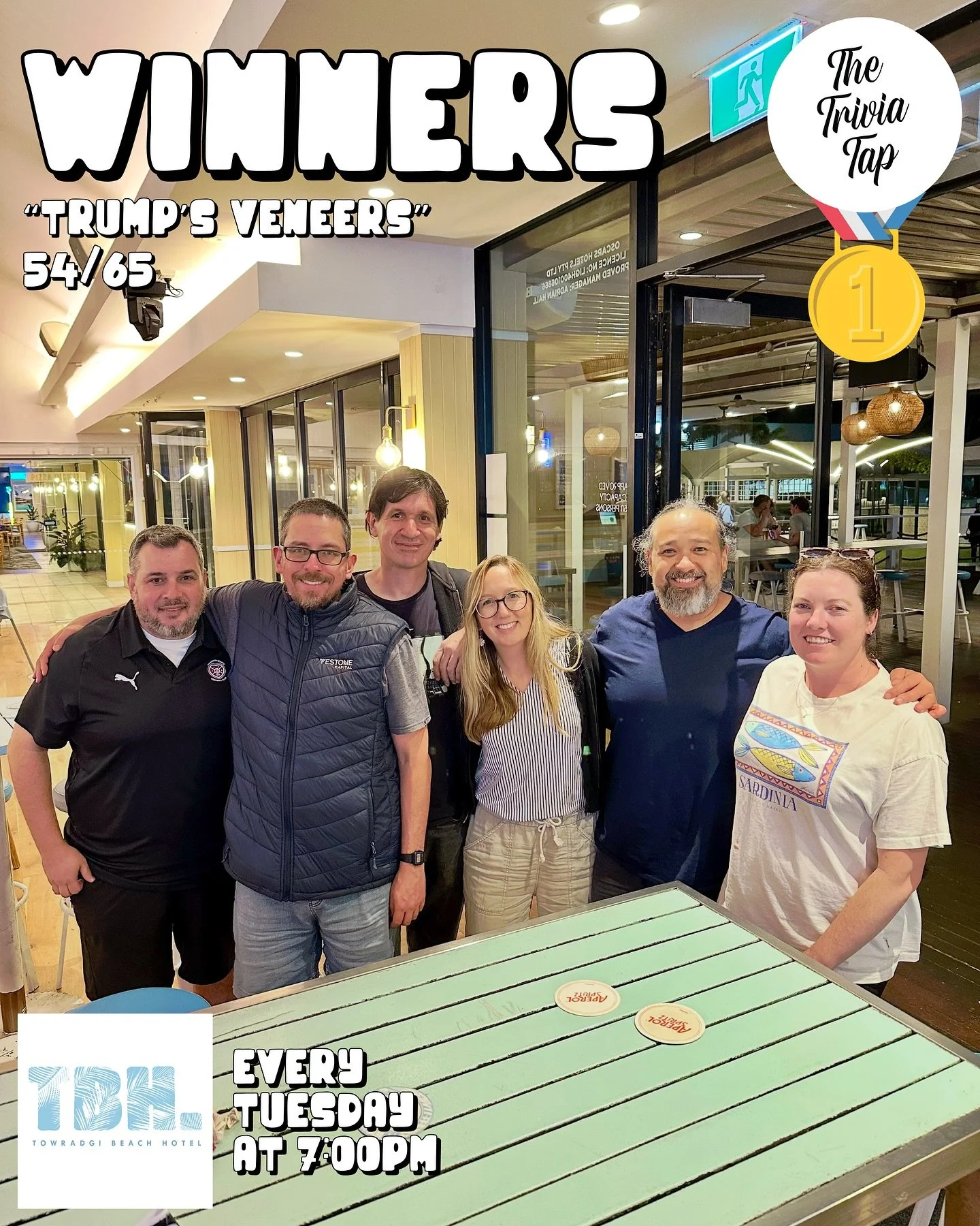 A big turnout for Tuesday trivia at @towradgibeachhotel last night! 👏

Big thanks to all 17 teams who showed up to Drink. Think. Win. 🍾🤔🥇

We return with more questions, prizes and fun next Tuesday at 7!
