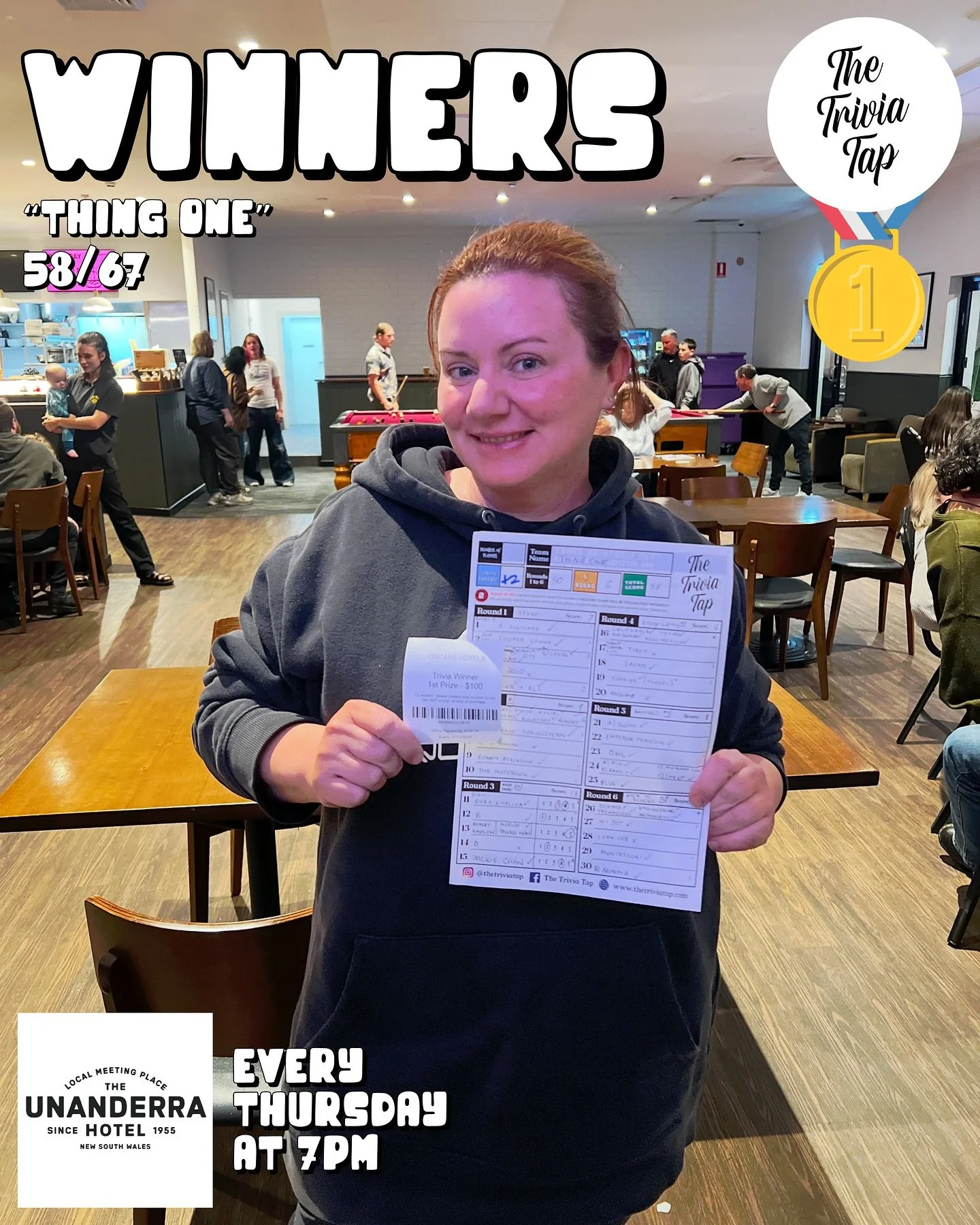 Winners from trivia last night at @theunanderrahotel!

11 of Unanderra&rsquo;s smartest trivia teams showed up to Drink. Think. Win. 🍻🧠🏆

Joel&rsquo;s back next Thursday at 7 with more trivia!