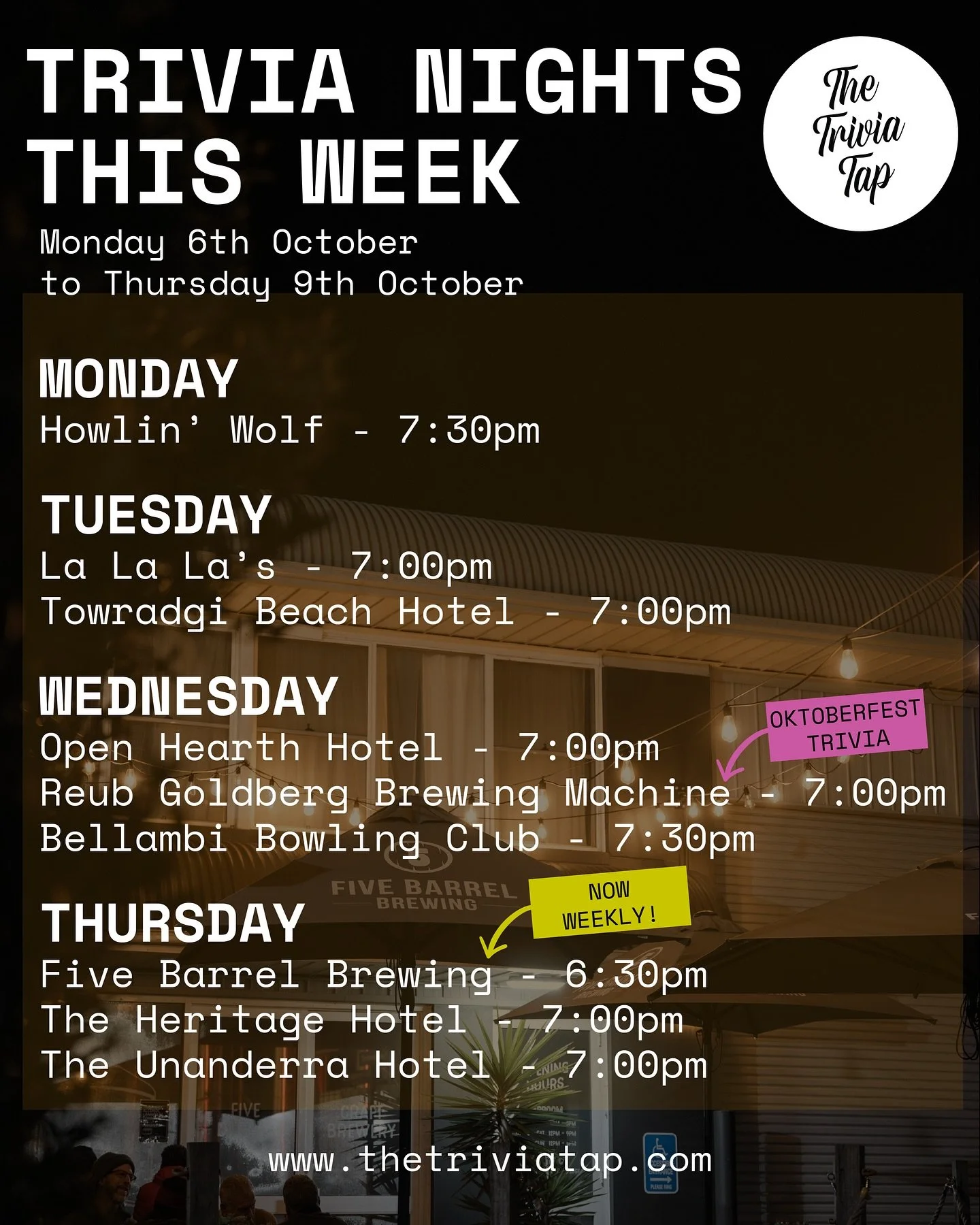 Here&rsquo;s what&rsquo;s on tap this week. Team up, make a night of it and Drink. Think. Win. 🍻🧠🏆

MONDAY
@howlinwolfbar 7:30pm

TUESDAY
@lalalaswollongong 7:00pm
@towradgibeachhotel 7:00pm

WEDNESDAY
@theopenhearthhotel 7:00pm
@rgbm.beer 7:00pm 