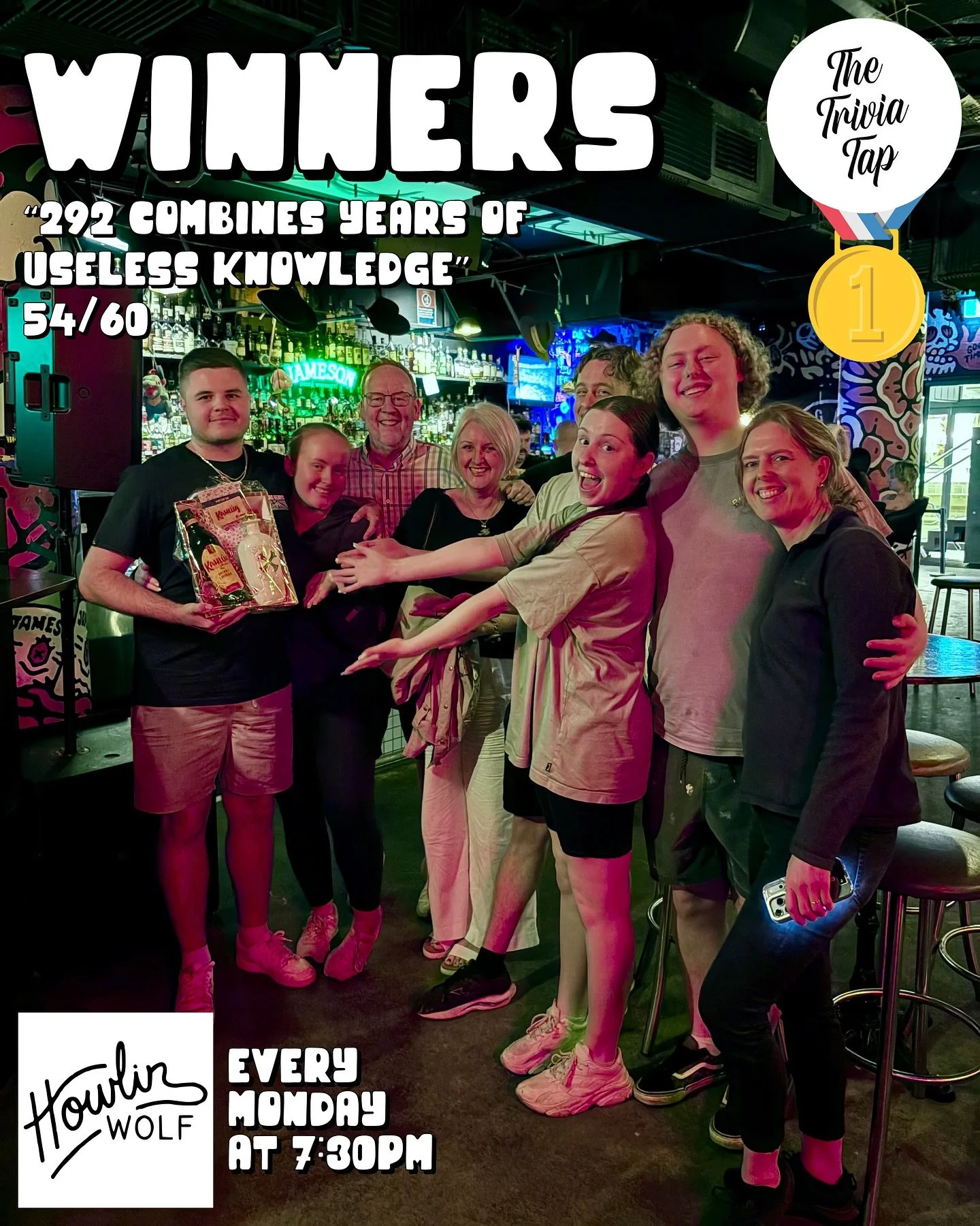 Last night&rsquo;s trivia winners at @howlinwolfbar won a bottle of Kahlua, Bumbu Cream and a $100 EFT card! 👏🎁💳

Big thanks to all 8 teams who showed up to Drink. Think. Win.

Amelie is back with more questions, more prizes and more fun next Mond