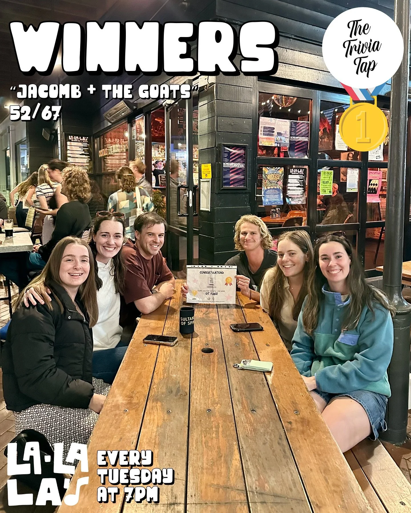 Trivia regulars Jacomb + The Goats secured the trivia win tonight at @lalalaswollongong, with last week&rsquo;s winners coming 2nd! 🥇🥈👏

Thanks to all 11 teams who came out for some Tuesday fun after the long weekend!

Sam is back with more questi
