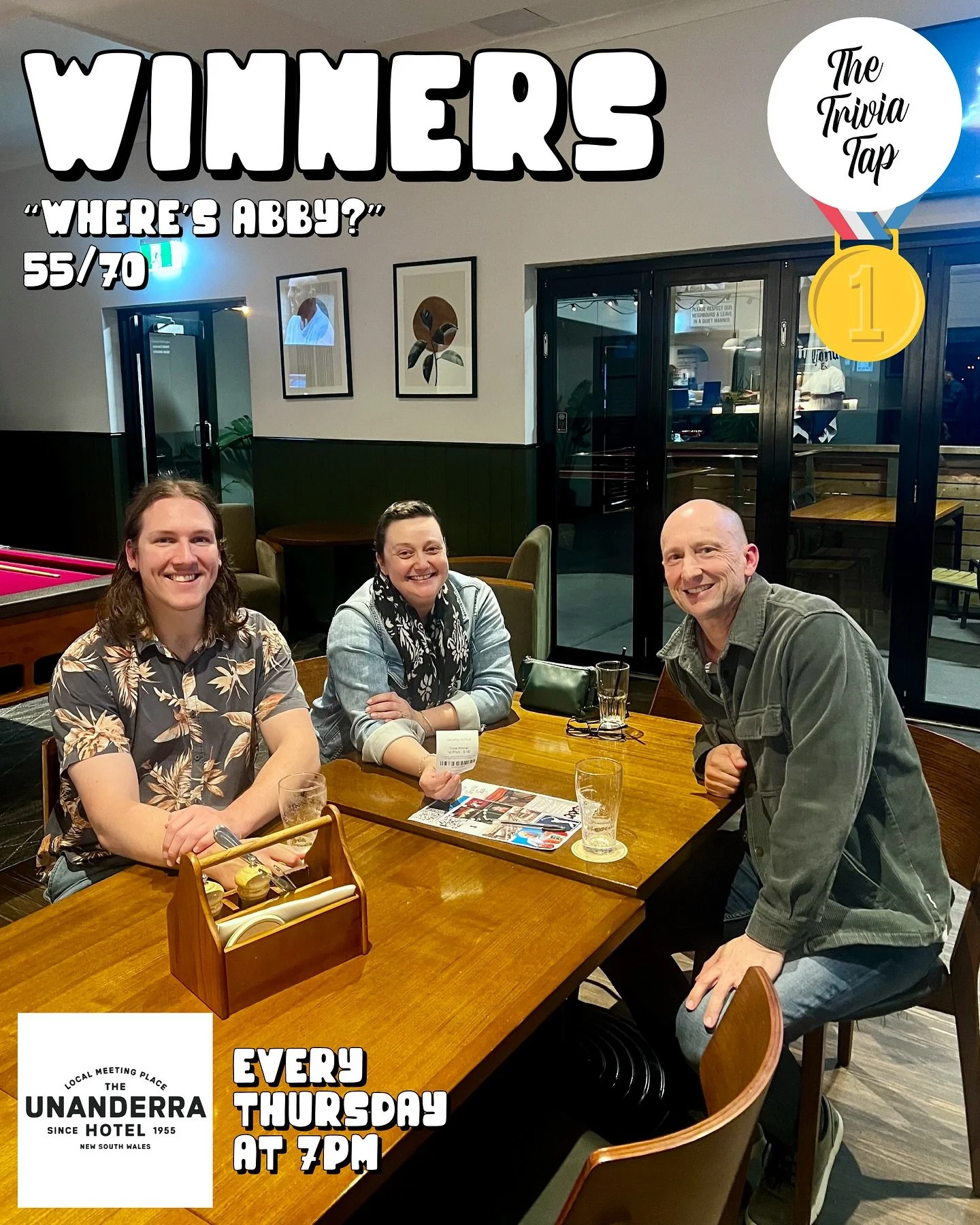 Last week&rsquo;s runners up got the W this week at @theunanderrahotel! 😁🍻👏

Thanks to all 6 teams who showed up to do their finest drinking and thinking!

We&rsquo;re back next week at 7pm with more questions, more prizes and more fun!