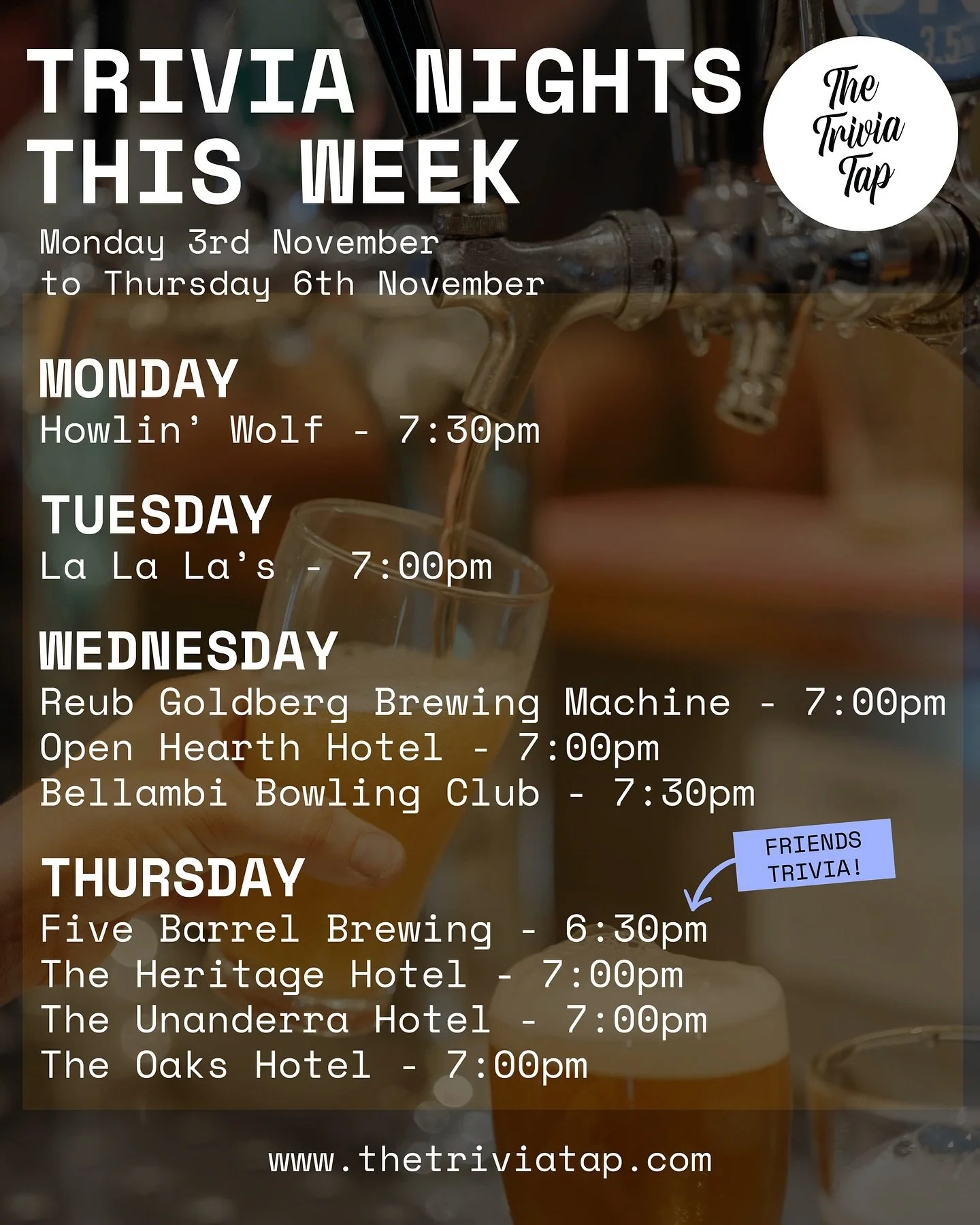 Here&rsquo;s where you can get your quiz fix this week! Send this to your mates, pick a venue and Drink. Think. Win. 🍻🧠🏆

MONDAY
@howlinwolfbar 7:30pm

TUESDAY
@lalalaswollongong 7:00pm

WEDNESDAY
@rgbm.beer 7:00pm
@theopenhearthhotel 7:00pm
@bell