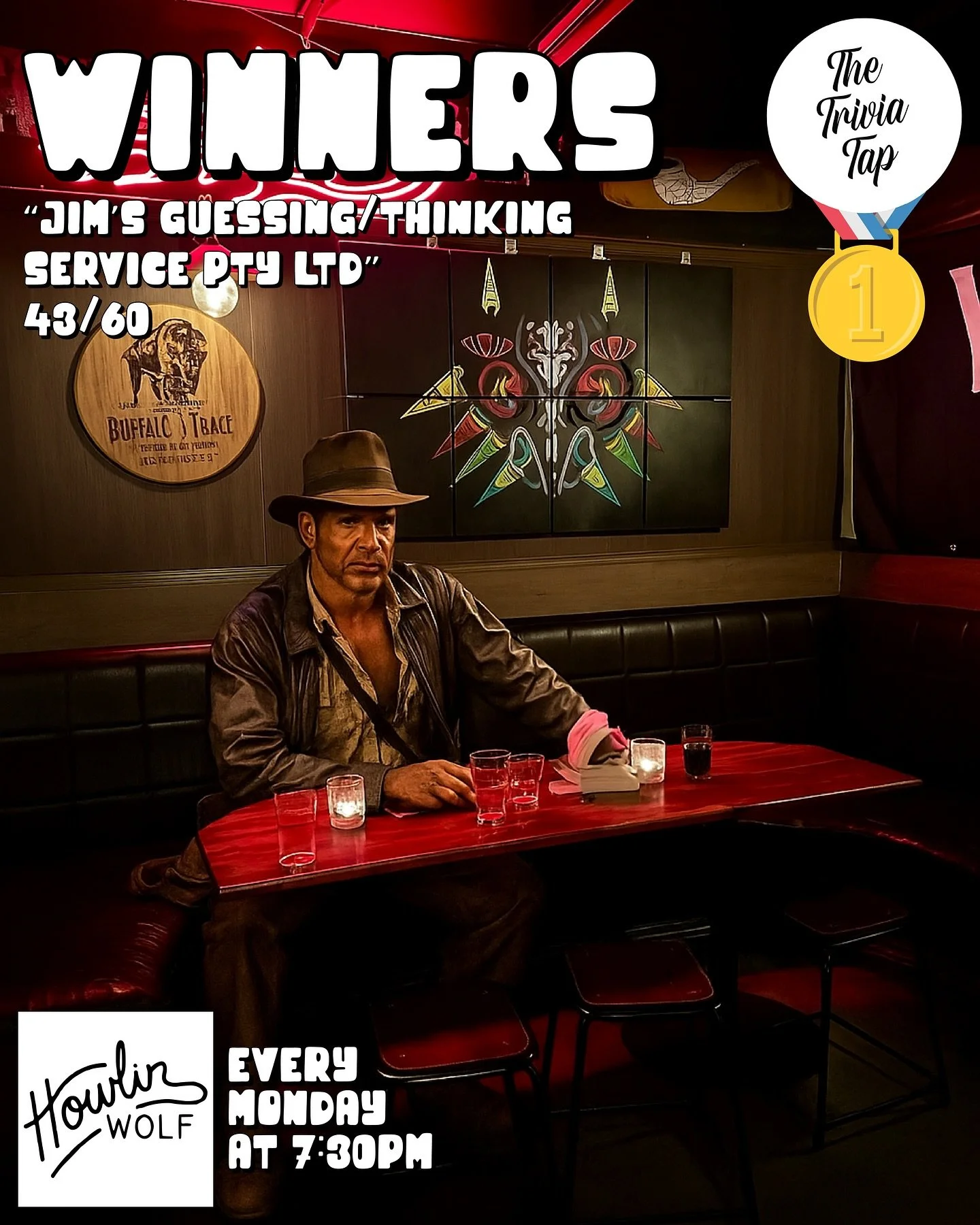 Last night&rsquo;s trivia winners at @howlinwolfbar were so excited to get home with their Indiana Jones Staff of Ra headpiece that we couldn&rsquo;t get their team photo! 📸

Thankfully the main man was there himself to step in for the pic. This is 