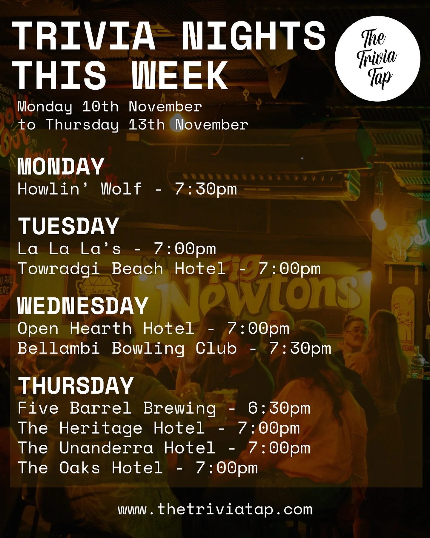 Who&rsquo;s ready to flex their brain power this week! Here&rsquo;s where you can get quizzical&hellip; 🧠📝🧠

MONDAY
@howlinwolfbar 7:30pm

TUESDAY
@lalalaswollongong 7:00pm
@towradgibeachhotel 7:00pm

WEDNESDAY
@theopenhearthhotel 7:00pm
@bellambi