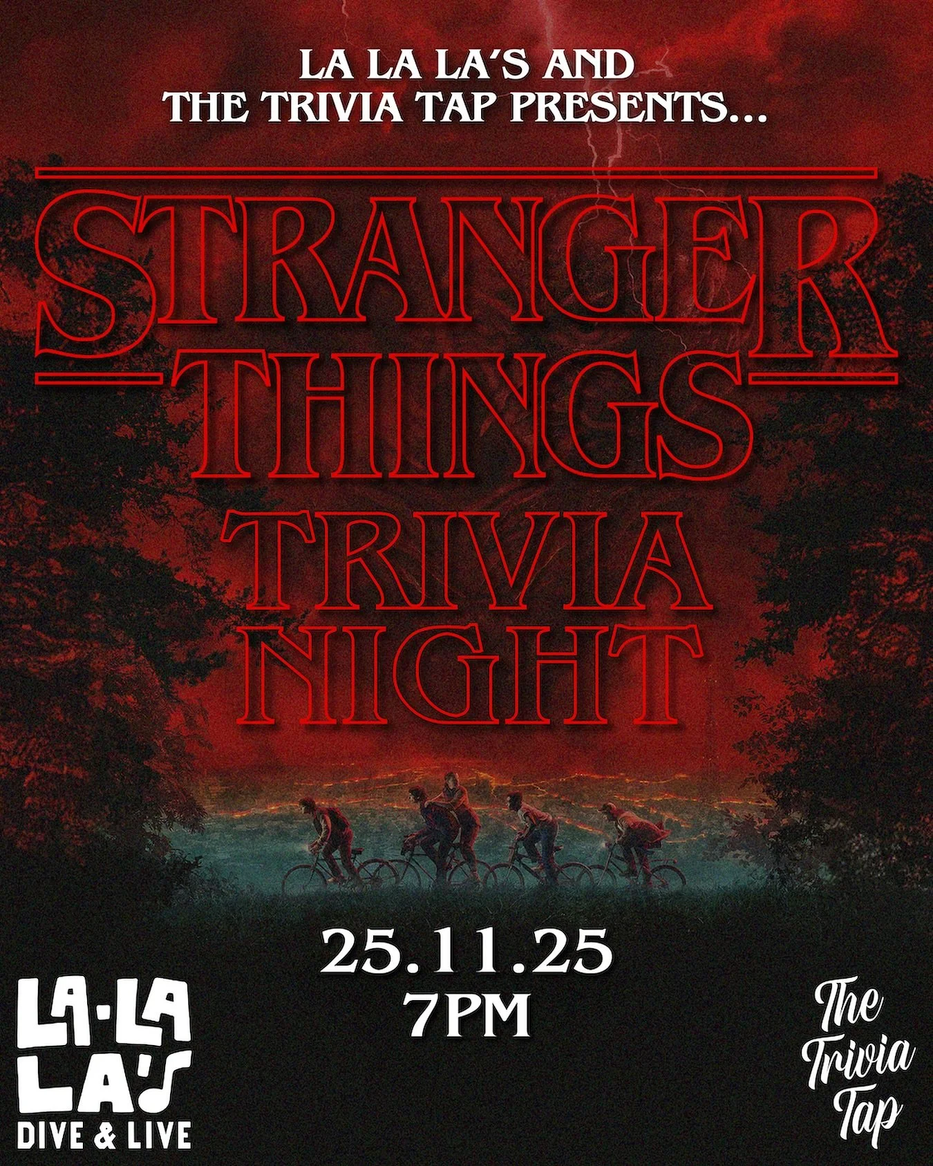 🧇 Grab your Eggo waffles and step into Hawkins&hellip;

Join us at @lalalaswollongong on Tuesday 25th November at 7pm for a Stranger Things trivia night that&rsquo;ll turn your world upside down! 🕹️

🧠 Questions from all four seasons
🎁 Prizes tha