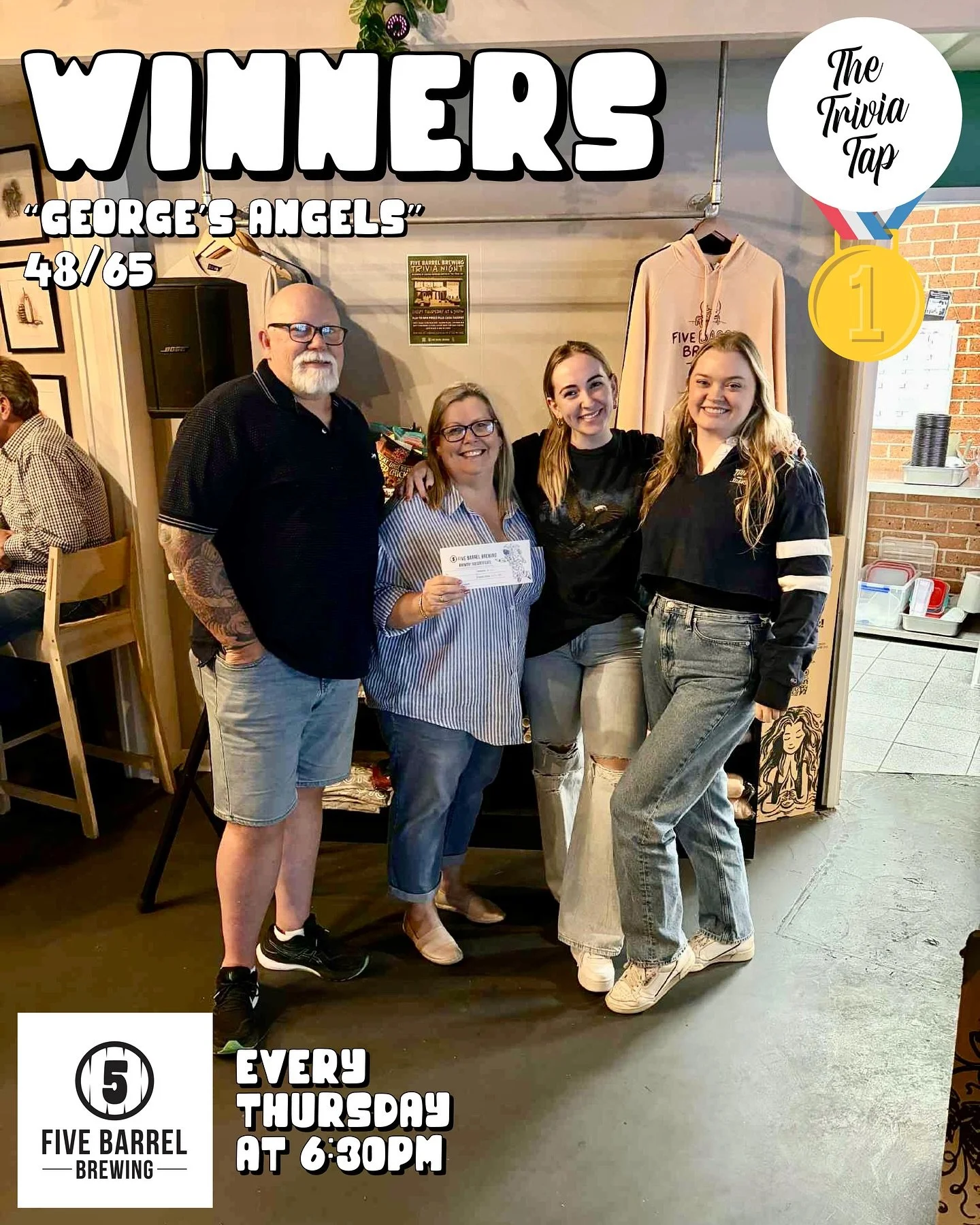9 teams battled for bragging rights and prizes at @fivebarrelbrewing last night! 🤩

The winners won a $100 voucher 👏

We&rsquo;re back with more fun facts and prizes next Thursday at 6:30!