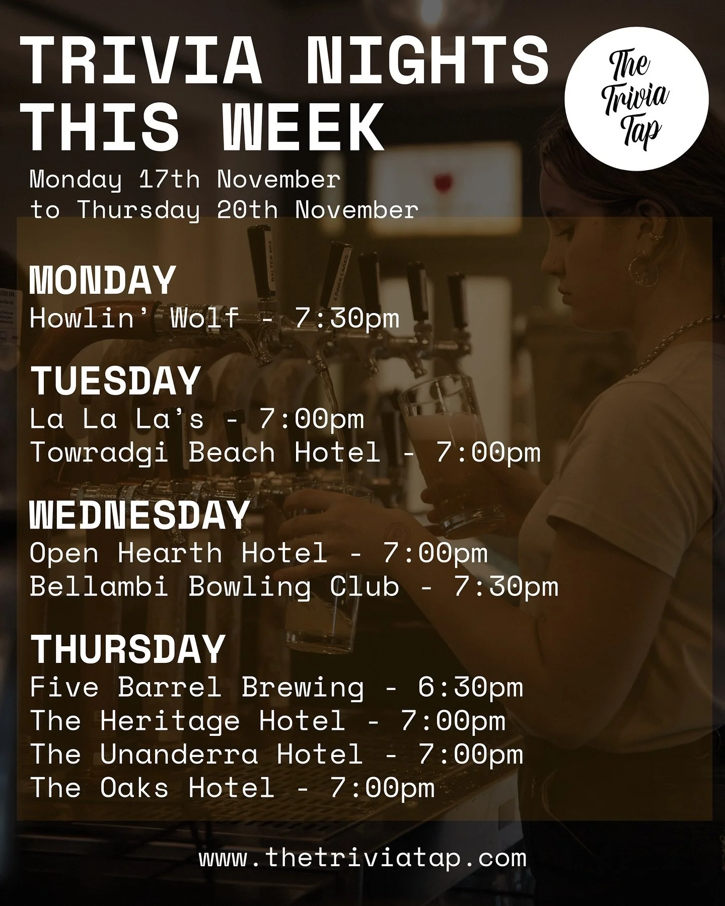 Here&rsquo;s what&rsquo;s on tap this week! 🍻🧠🏆

MONDAY
@howlinwolfbar 7:30pm

TUESDAY
@lalalaswollongong 7:00pm
@towradgibeachhotel 7:00pm

WEDNESDAY
@theopenhearthhotel 7:00pm
@bellambibowlingclub 7:30pm

THURSDAY
@fivebarrelbrewing 6:30pm
@heri
