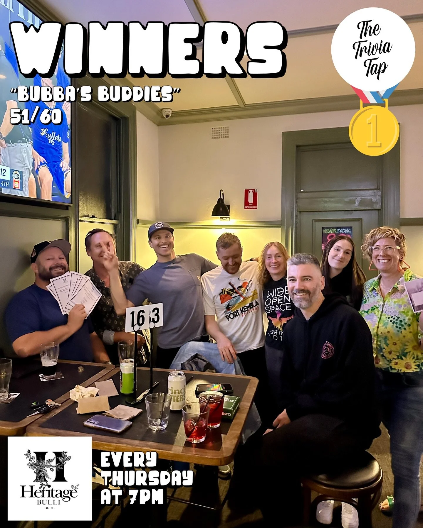 14 teams competed in trivia last night @heritagehotelbulli last night! With a tie-breaker settling the first place prize! 🤓

Thanks to all 67 players for drinking, thinking and winning 🍻🧠🏆

Trivia returns to @heritagehotelbulli next Thursday at 7