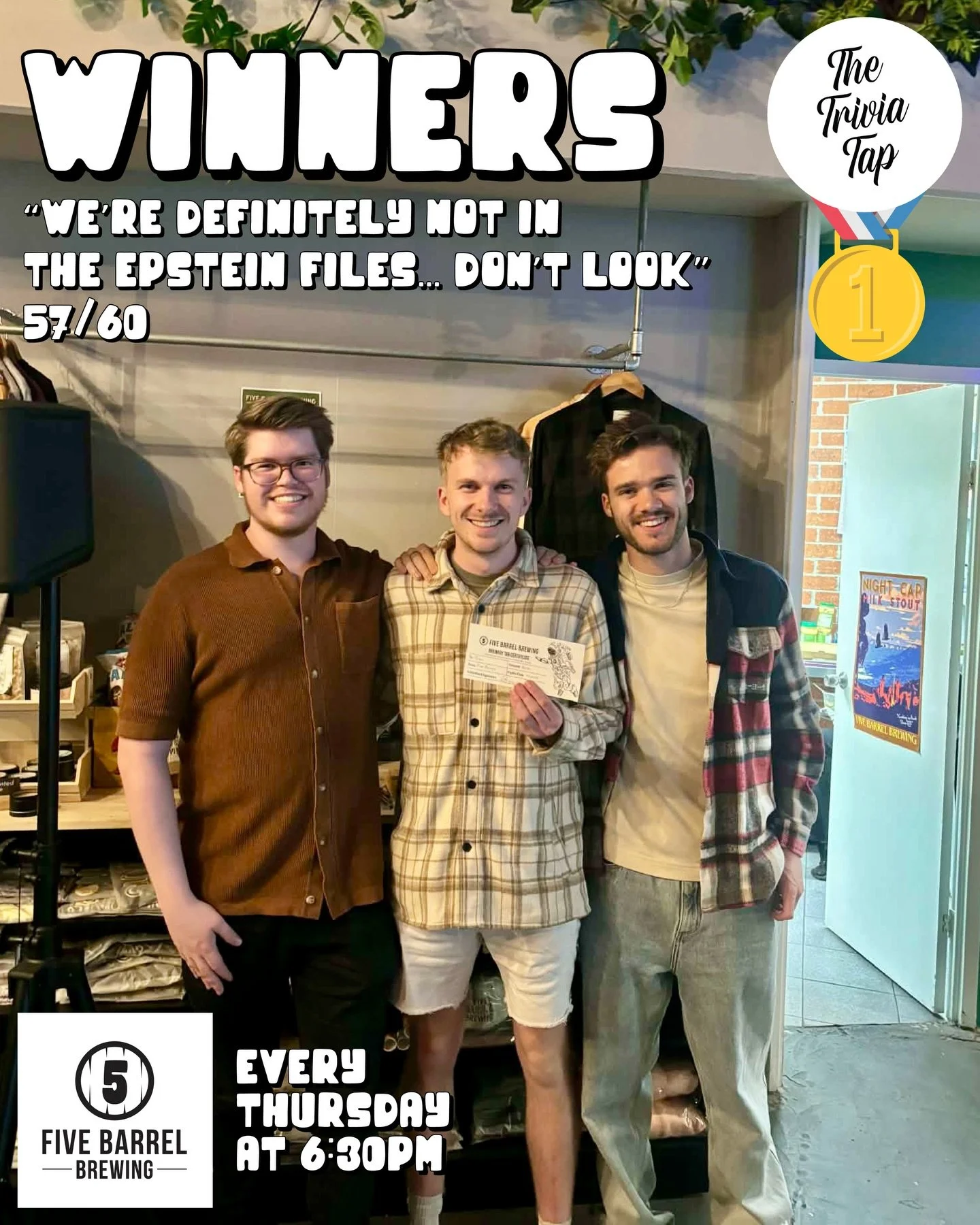 Last night&rsquo;s trivia WINNERS at @fivebarrelbrewing! 👏🧠🍻

PLUS, THE CASH JACKPOT WAS WON! $150 TO THE WINNER! 💸

We are back next Thursday with more questions, more prizes and more cash to giveaway!