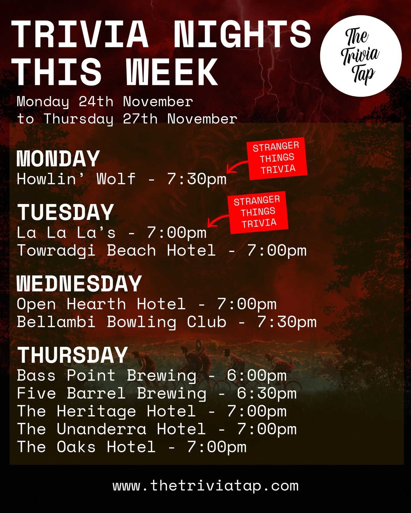 Here&rsquo;s where you can find us this week around the Illawarra! Send this to your mates, pick a night and Drink. Think. Win.

MONDAY
@howlinwolfbar 7:30pm 📺🩸🔦

TUESDAY
@lalalaswollongong 7:00pm 📺🩸🔦
@towradgibeachhotel 7:00pm

WEDNESDAY
@theo
