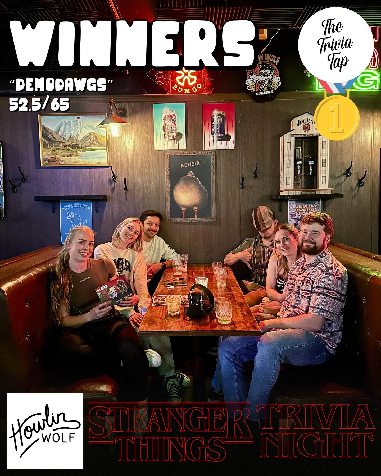 Last night&rsquo;s winners at @howlinwolfbar for Stranger Things themed trivia! 📺🩸📝

Big congrats to the winners, who won a stranger things Lego set! 🧱

Regular trivia returns next Monday at 7:30pm 😀