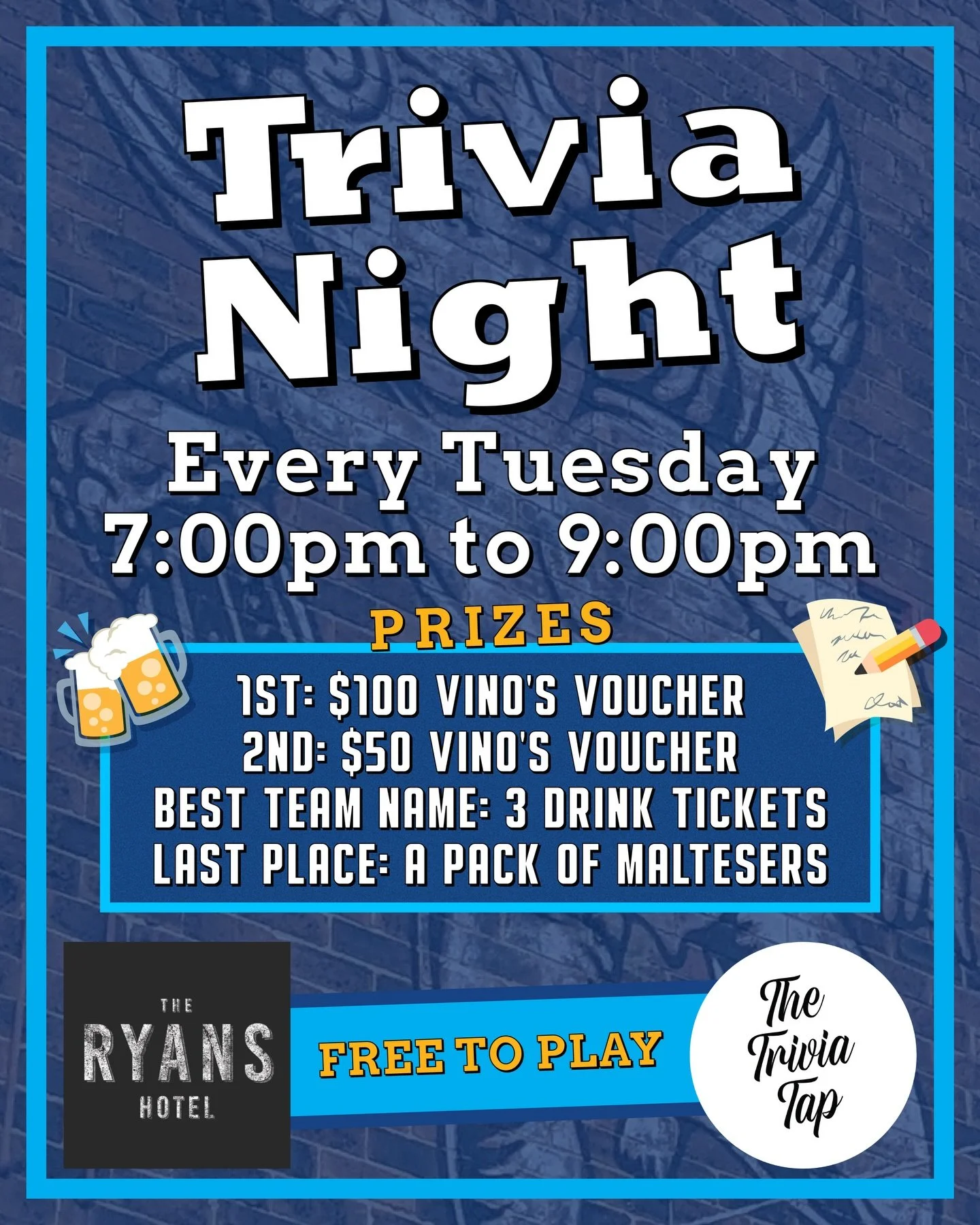 1 week to go until trivia starts at @ryanshotelthirroul! 🥳

Win prizes, debate questions with your mates and drink and think! 📝🧠🍻

STARTS TUESDAY 2ND DECEMBER AT 7:00PM