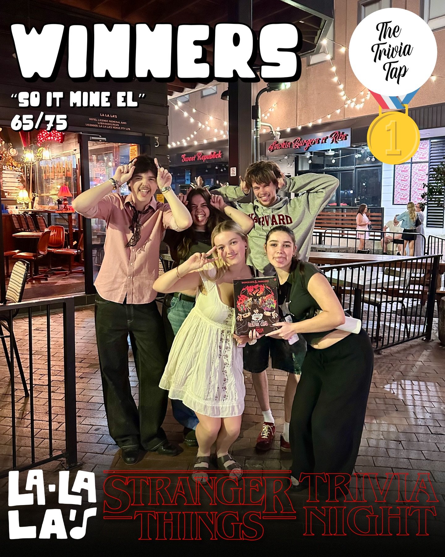 Winners from Stranger Things themed trivia at  @lalalaswollongong last night! 📺🩸🔦

The winners won a themed Dungeons and Dragons board game! 

14 of Wollongong&rsquo;s biggest Stranger Things fans showed up to Drink. Think. Win. 🍻🧠🏆

General kn