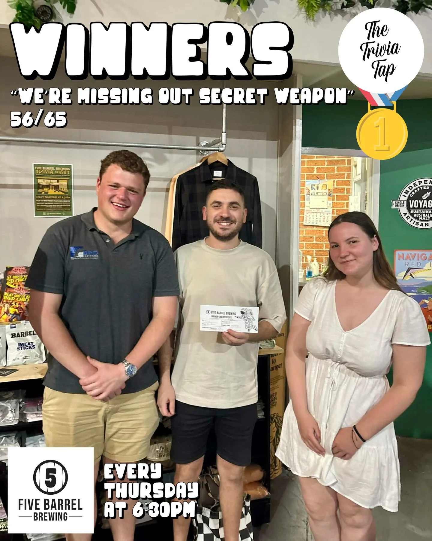 Over 80 players brought their brains to @fivebarrelbrewing for trivia last night! 🧠🧠🧠

And the cash jackpot did NOT go off&hellip; that means next week there&rsquo;s $150 up for grabs! 🤑

Next week Connor&rsquo;s on the mic for the night from 6:3