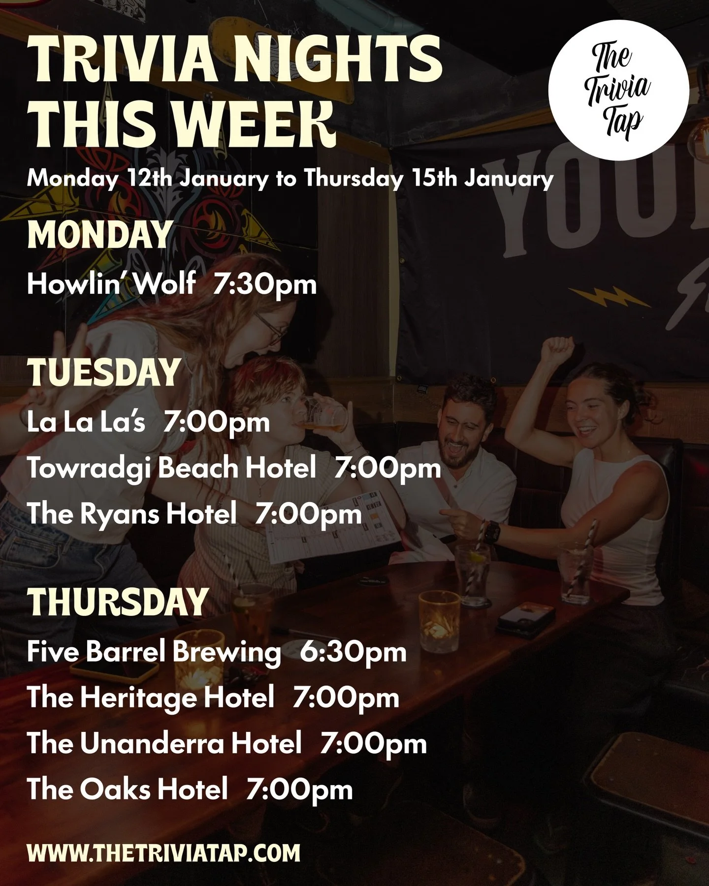 Here&rsquo;s where you can get your quiz fix this week! Send this to your mates, pick a venue and Drink. Think. Win. 🍻🧠🏆

MONDAY
@howlinwolfbar 7:30pm

TUESDAY
@lalalaswollongong 7:00pm
@towradgibeachhotel 7:00pm
@ryanshotelthirroul 7:00pm

THURSD