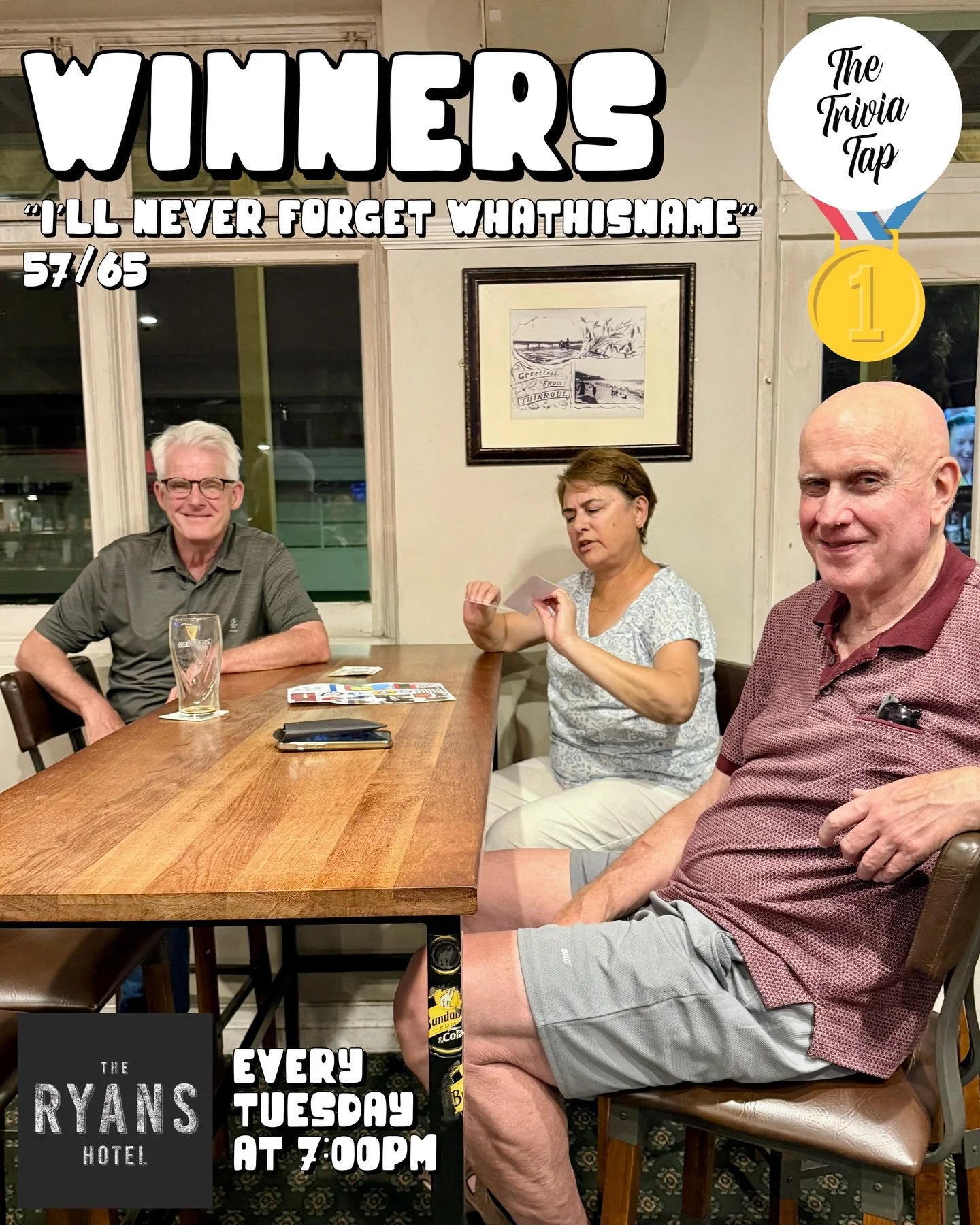 There was a three way at @ryanshotelthirroul last night, with a tie-breaker settling the prize for 2nd place! 🥈

And last week&rsquo;s winners won again, bagging a $100 voucher! Who can stop them? 🛑

Jodie&rsquo;s back on the mic next Tuesday at 7 