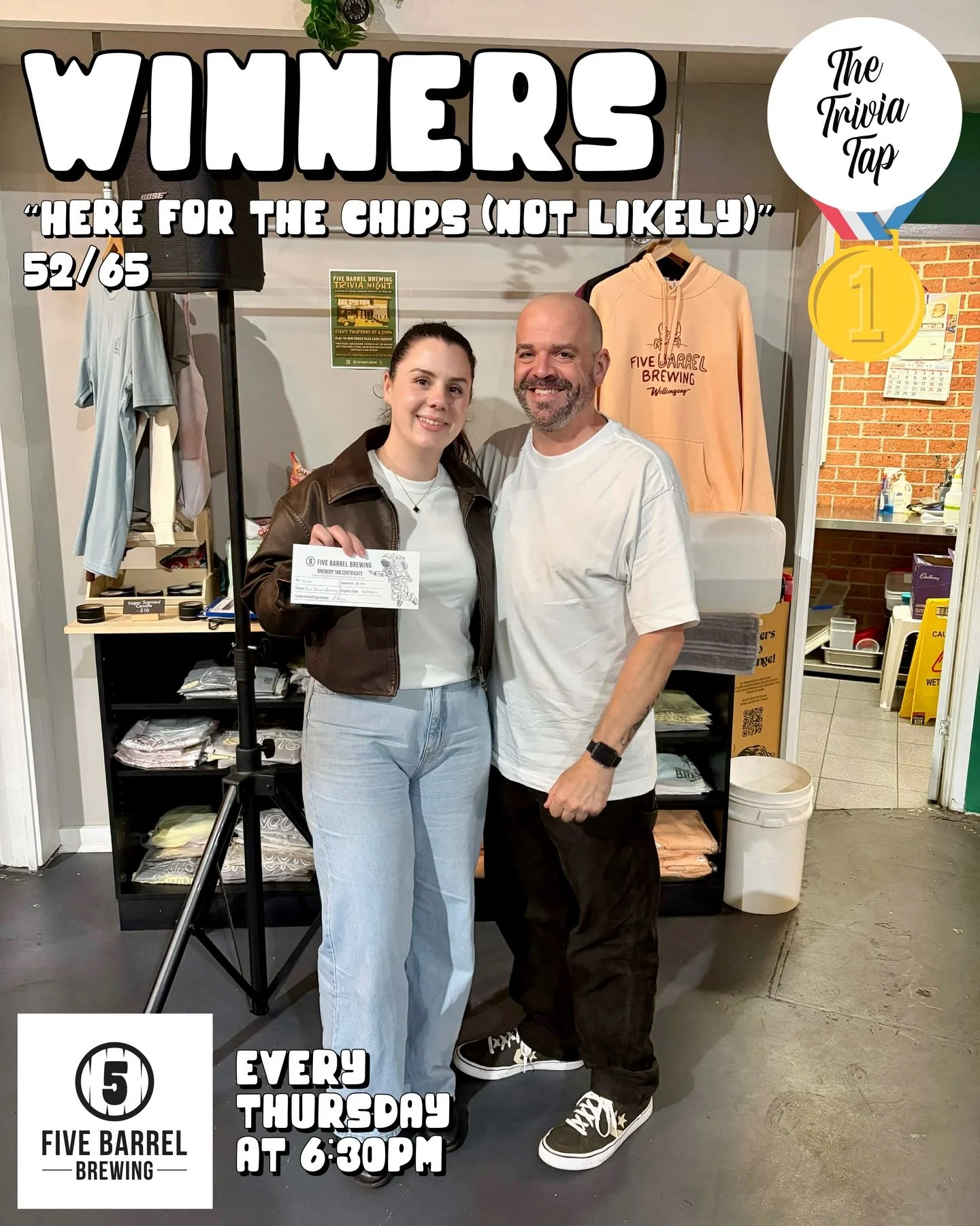 Nine teams braved the wet weather last night to play for prizes at @fivebarrelbrewing! ☔️

And the Cash Jackpot was answered incorrectly, so next week there&rsquo;s $700 TO WIN! 💸

Catch Matt next Thursday at 6:30 for another night of fun! 🤓